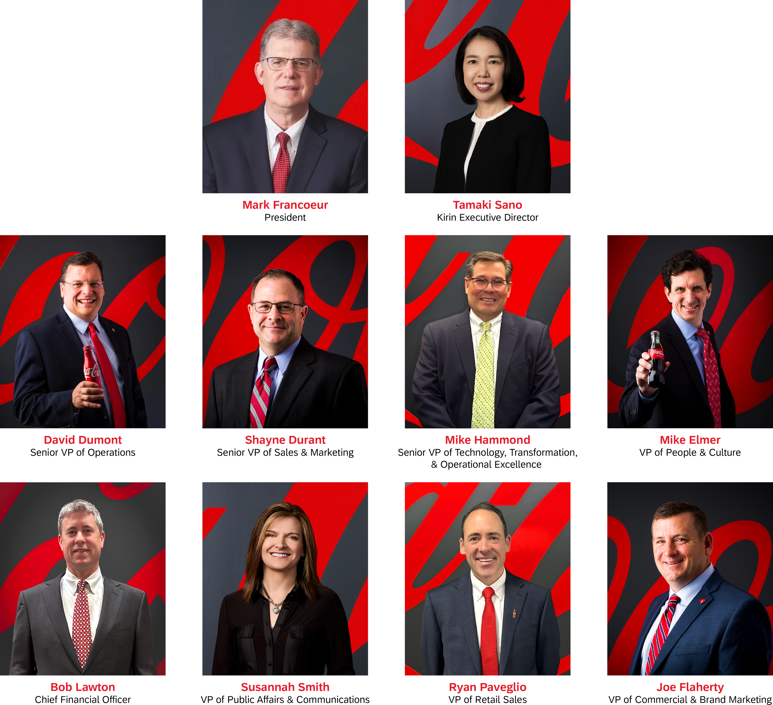 Collage of professional headshots of nine executives from Coca-Cola, each with a red and black background and their titles listed below: Mark Francoeur, President; Tamaki Sano, Kirin Executive Director; David Dumont, Senior VP of Operations; Shayne Durant, Senior VP of Sales & Marketing; Mike Hammond, Senior VP of Technology, Transformation, & Operational Excellence; Mike Emer, VP of People & Culture; Bob Lawton, Chief Financial Officer; Susannah Smith, VP of Public Affairs & Communications; Ryan Paveglio, VP of Retail Sales; Joe Flaherty, VP of Commercial & Brand Marketing.