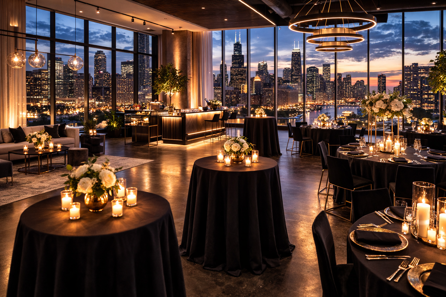 Elegant corporate dinner in Nashville featuring candlelit tables, floral centerpieces, and panoramic skyline views.