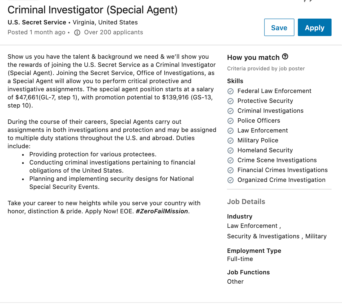 U.S. Secret Service LinkedIn post