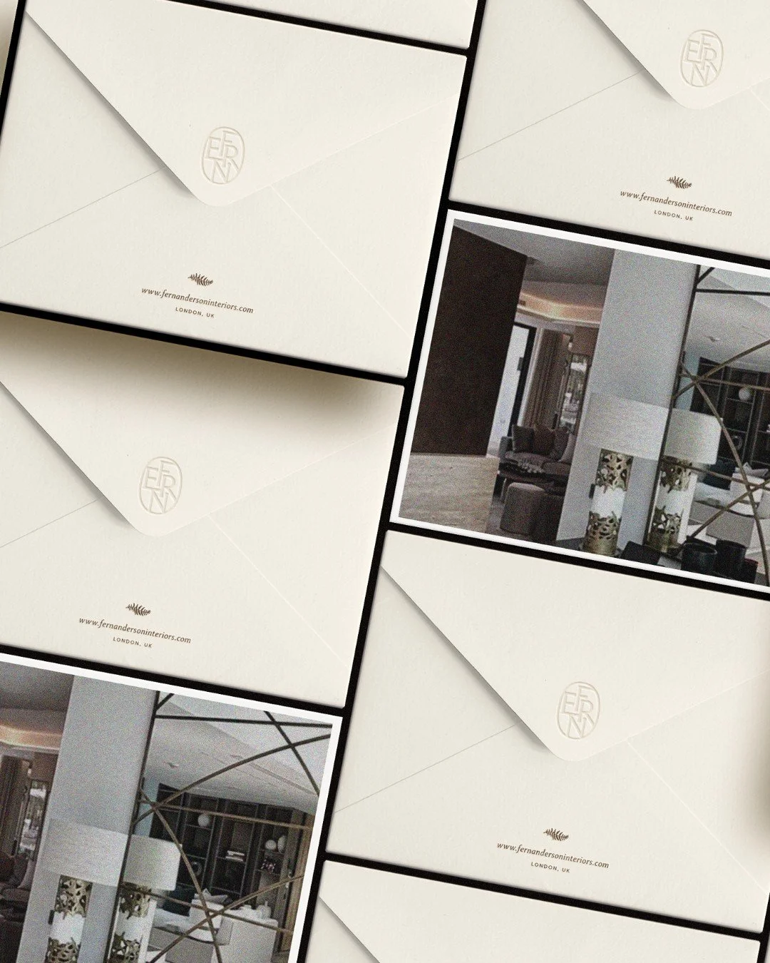 Fern Anderson Interiors brand stationery flat-lay featuring envelopes with the FA brand mark layered alongside interior project imagery, designed by The Brand Muse.