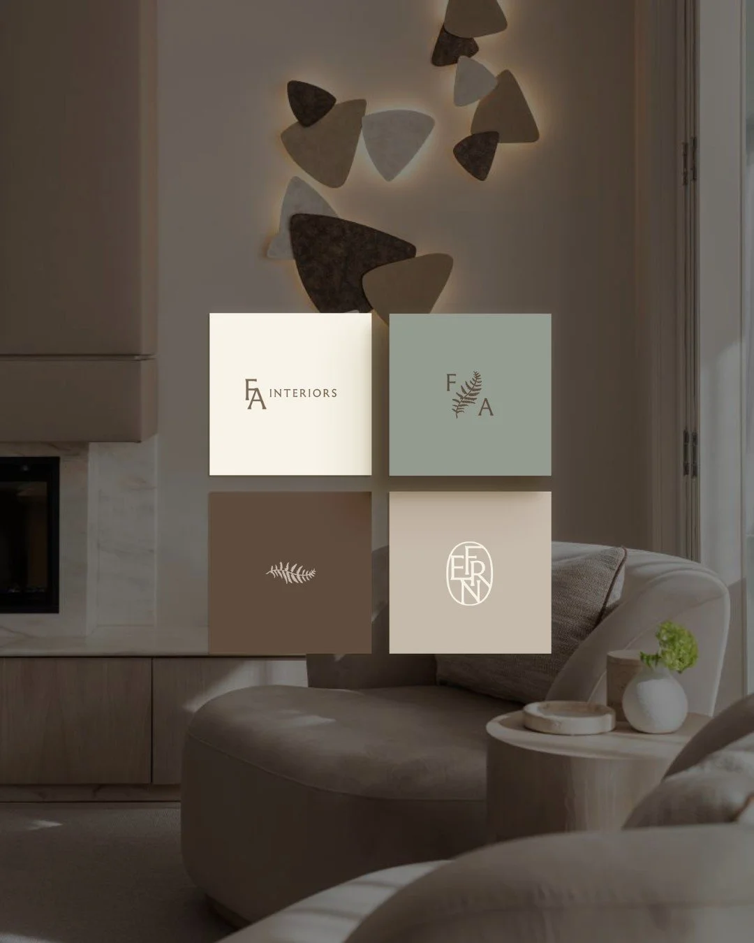 Fern Anderson Interiors brand mark variations laid over a lounge interior featuring sculptural wall art and a curved sofa, designed by The Brand Muse for the founder-led interior design studio.