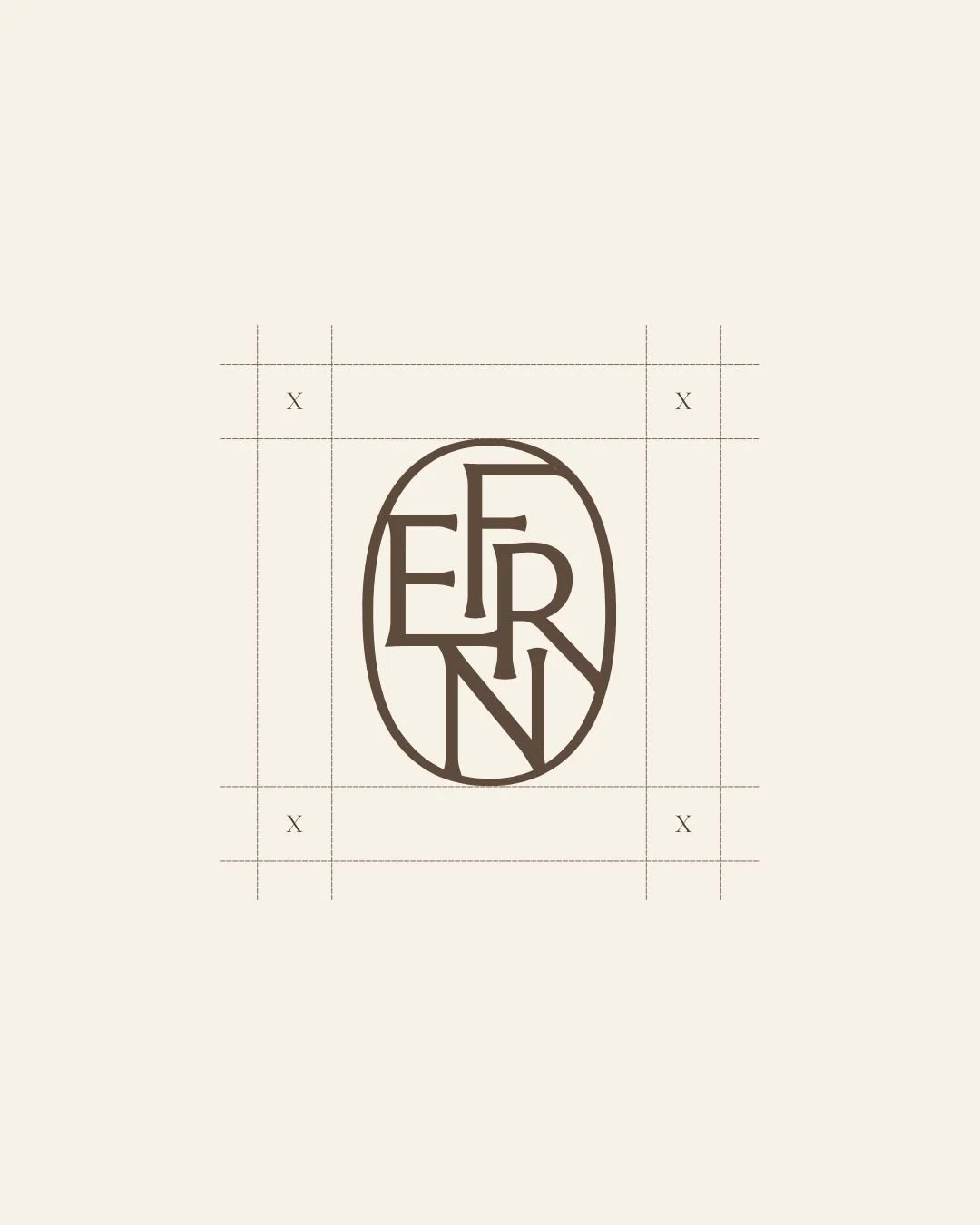 Fern Anderson Interiors brand mark construction guide showing the FERN monogram inside an oval with proportional spacing markers, part of the visual identity designed by The Brand Muse.
