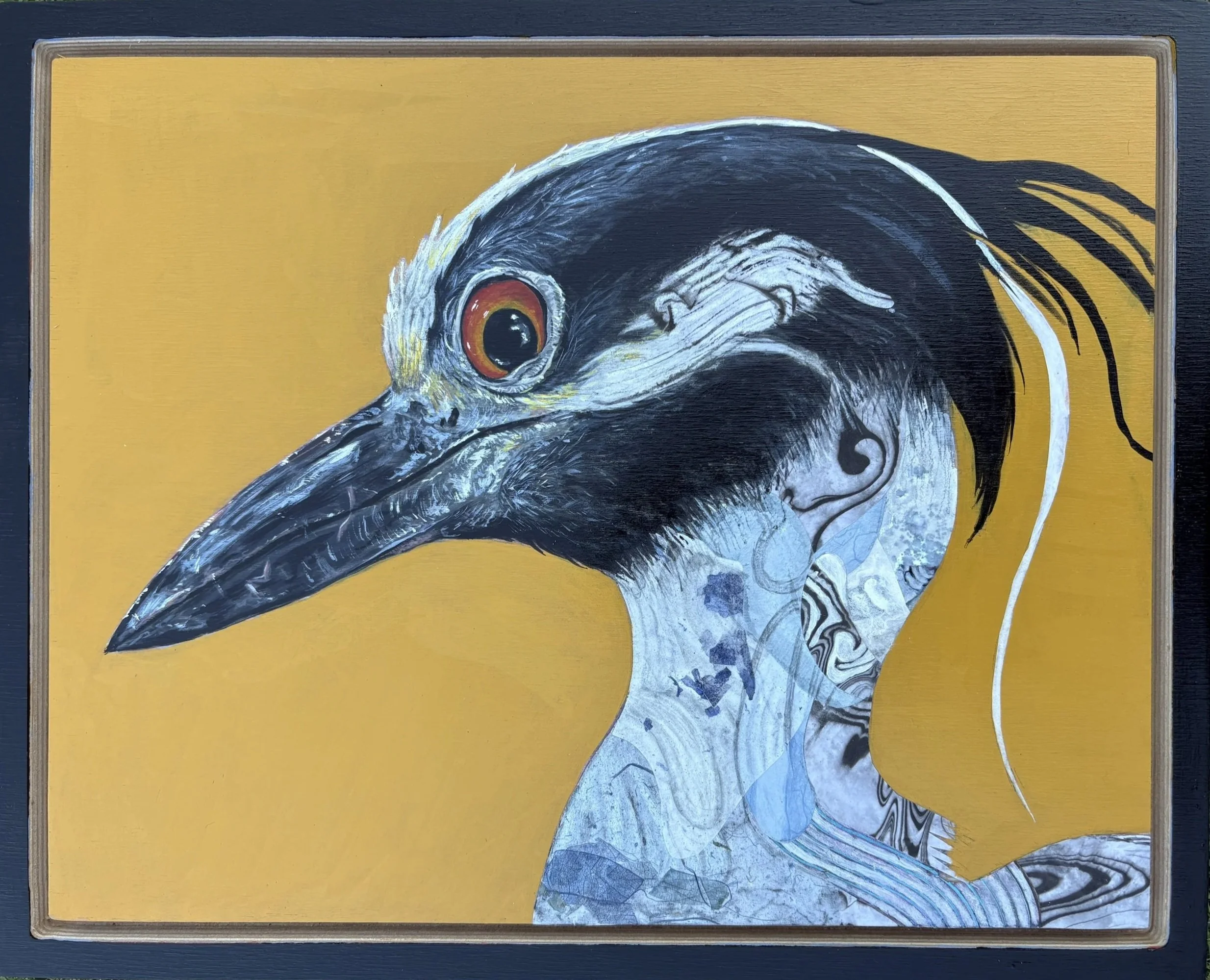 Artwork depicting a creature with the head of a bird, featuring a long beak and detailed feathers, and a human-like torso with abstract patterns, set against a yellow background.
