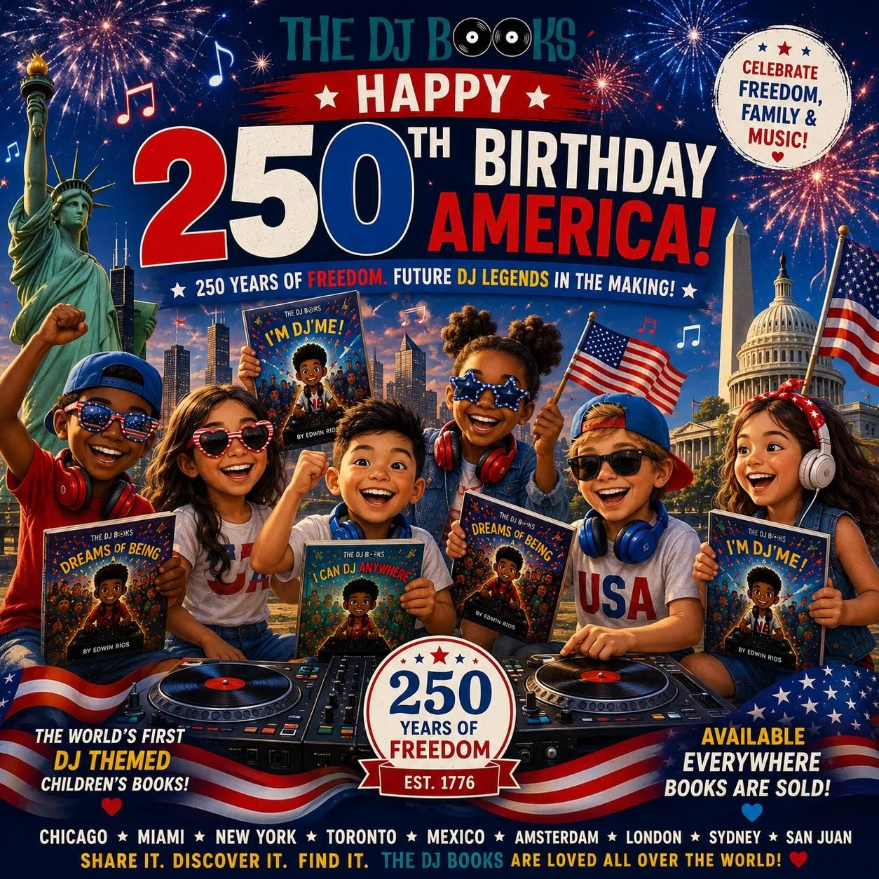 🇺🇸🎧 Happy 250th Birthday, America! 🎆

As America celebrates 250 years of freedom, creativity, and innovation, we&rsquo;re celebrating the next generation of dreamers with The DJ Books.

Created by DJ, educator, and author BEAR WHO?, The DJ Books 