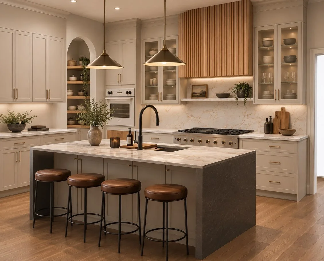Same kitchen, 4 different design options. These renders are for a new construction home in Salt Lake City. The last picture is where we landed with the client! (AI likes to take a few liberties no matter how hard I try so be kind 😆)