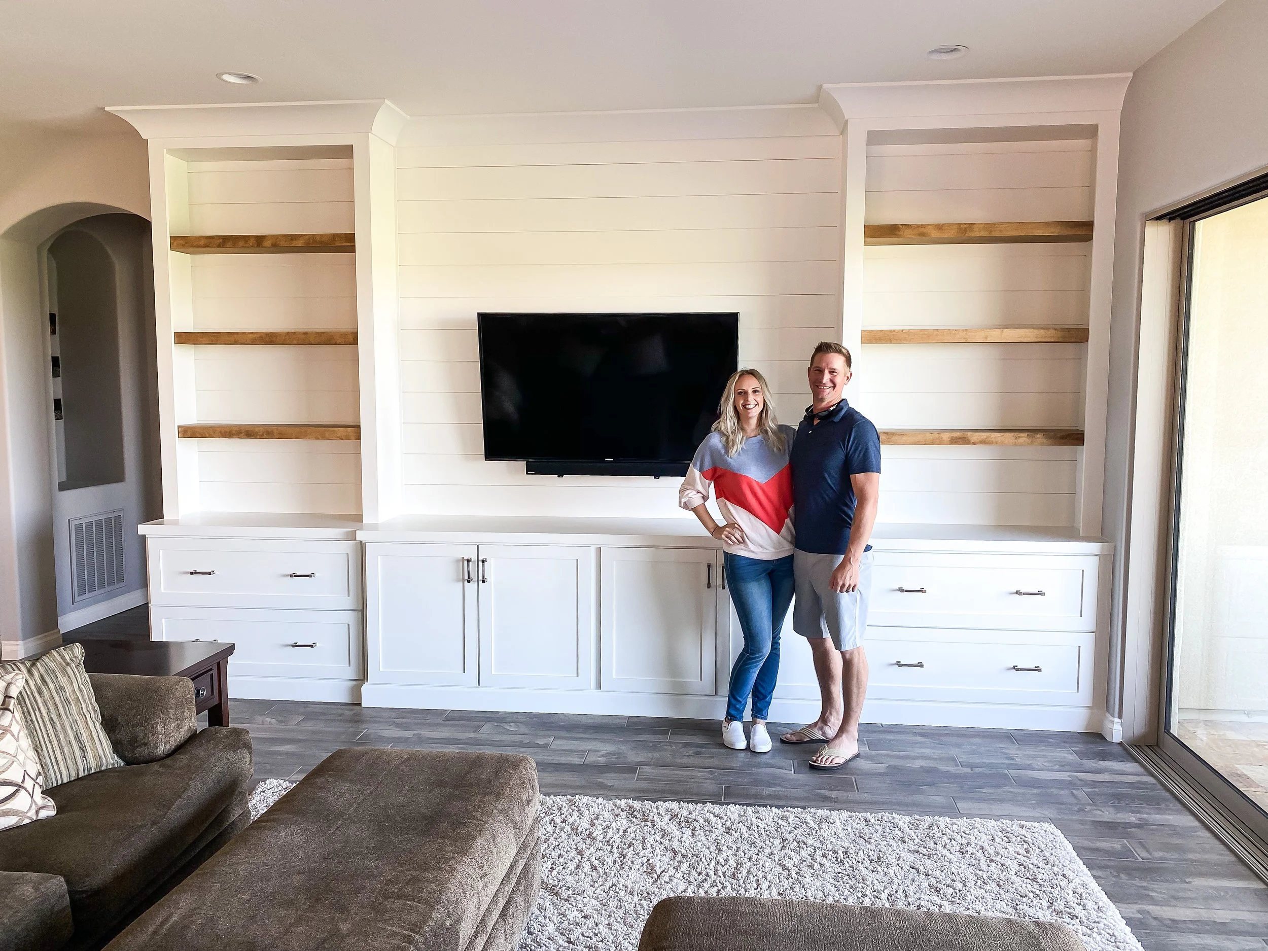 Custom built-in media wall or TV wall built by Champagne Taste Design in Panama City Beach Florida
