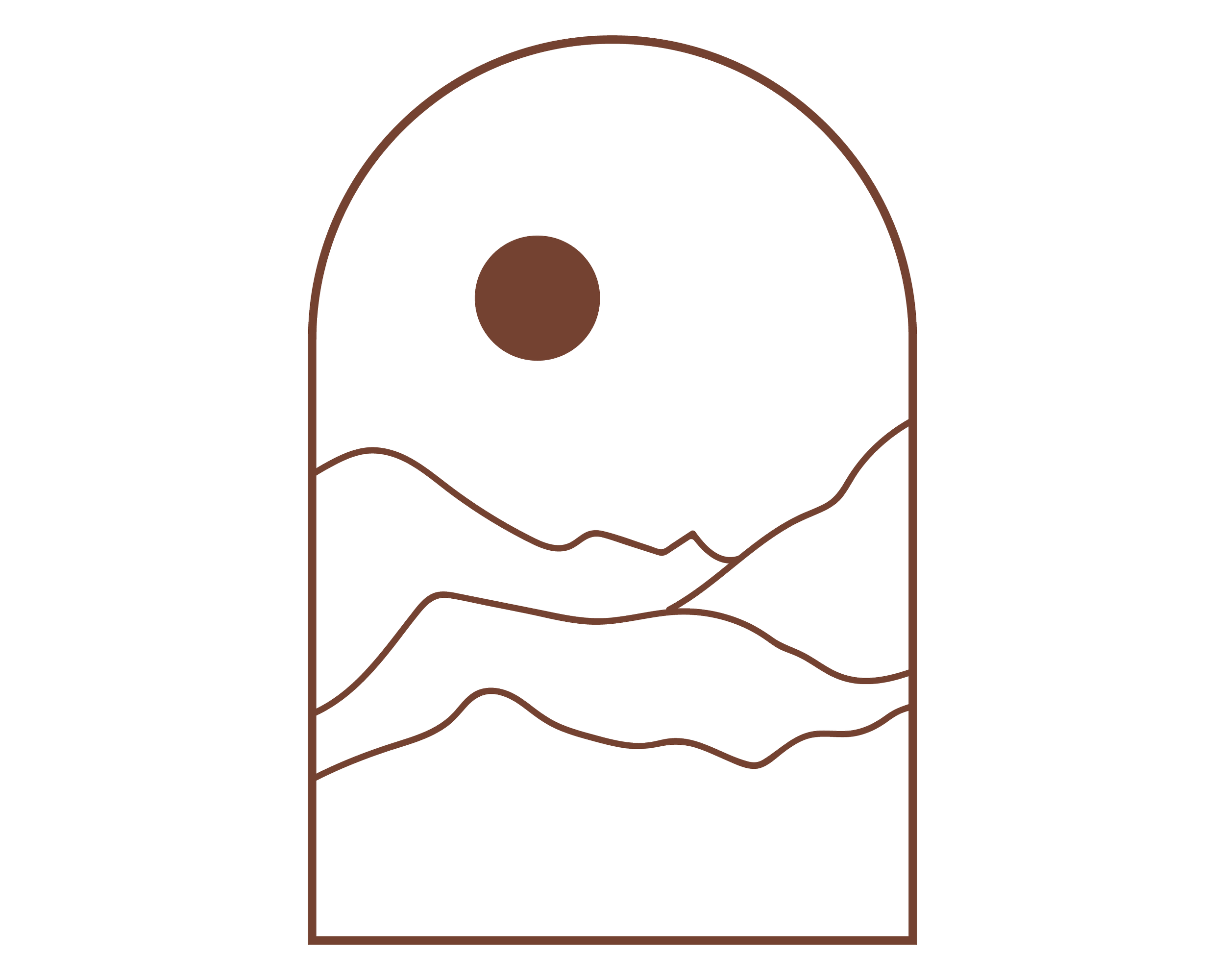 Minimalist line art depicting a sun over wavy hills in a rectangular frame.