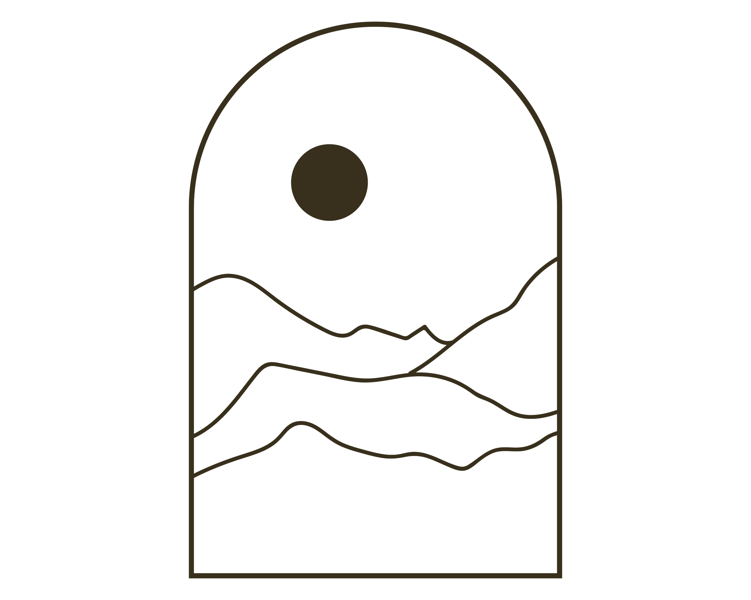 Outline drawing of a landscape scene with mountains and a setting or rising sun, framed with an arched top.