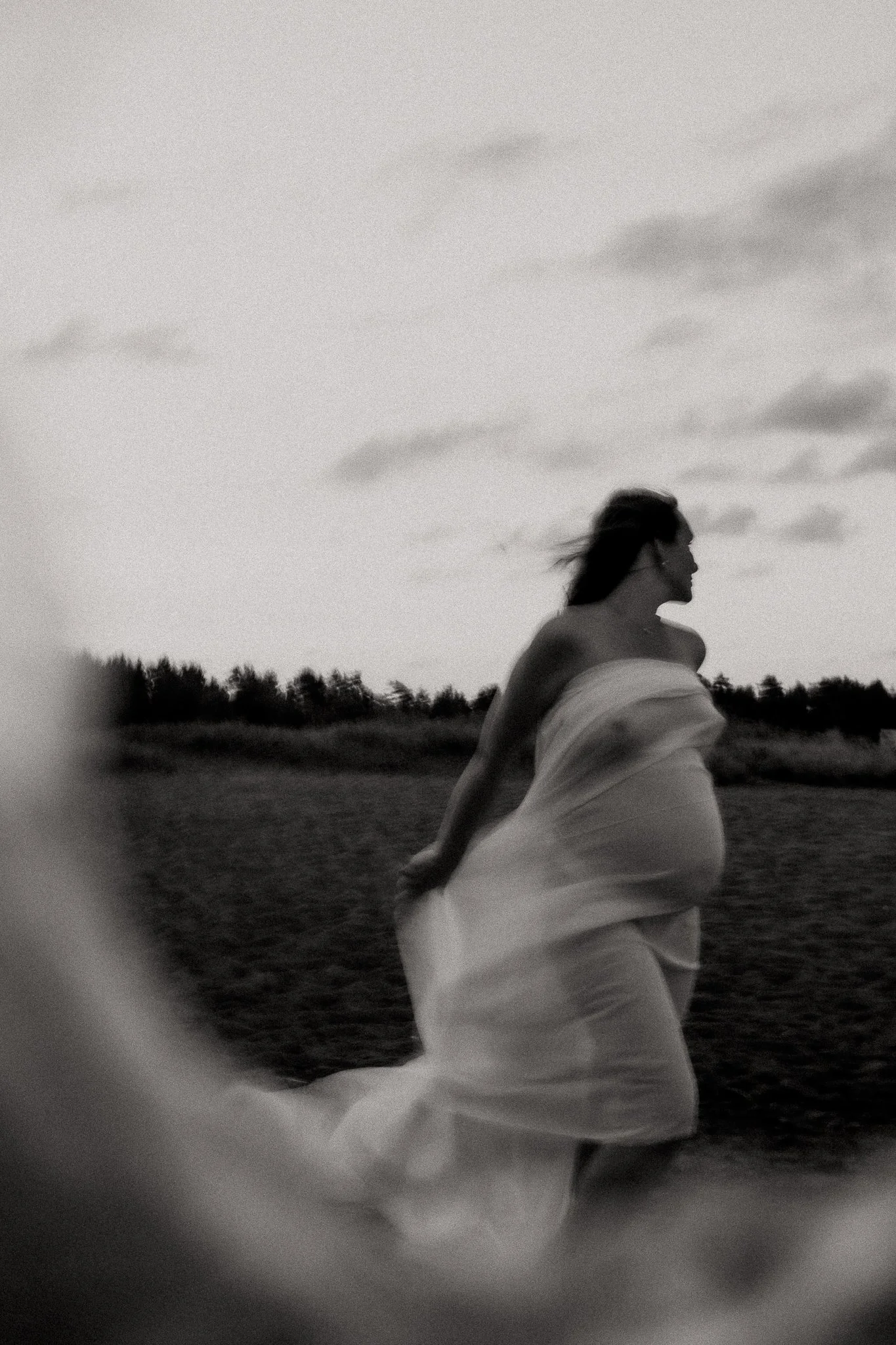 A woman wearing a flowing dress standing on a beach, gazing into the distance with her hair blowing in the wind, during dusk or dawn.