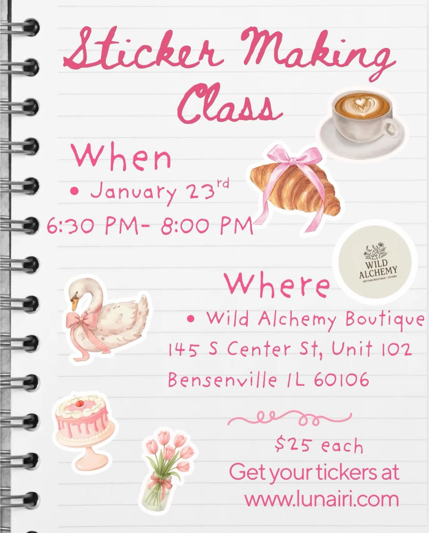 Lunairi University presents- Sticker Making 101

Welcome to our very first class at Lunairi University, where creativity meets community. 💗
Join us for a cozy, hands-on evening learning the art of sticker making. This beginner-friendly class is all 