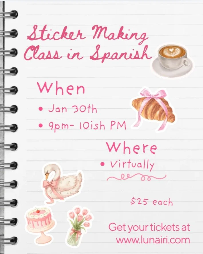 &iexcl;Ustedes lo pidieron y aqu&iacute; est&aacute;! 💕
✨ Virtual Sticker Making Class ✨
By popular request, now in Spanish 💕
🎨 Half of the class will focus on Canva design
✂️ The other half on how to cut with your Cricut
🖥️ 100% virtual
🚫 No ma