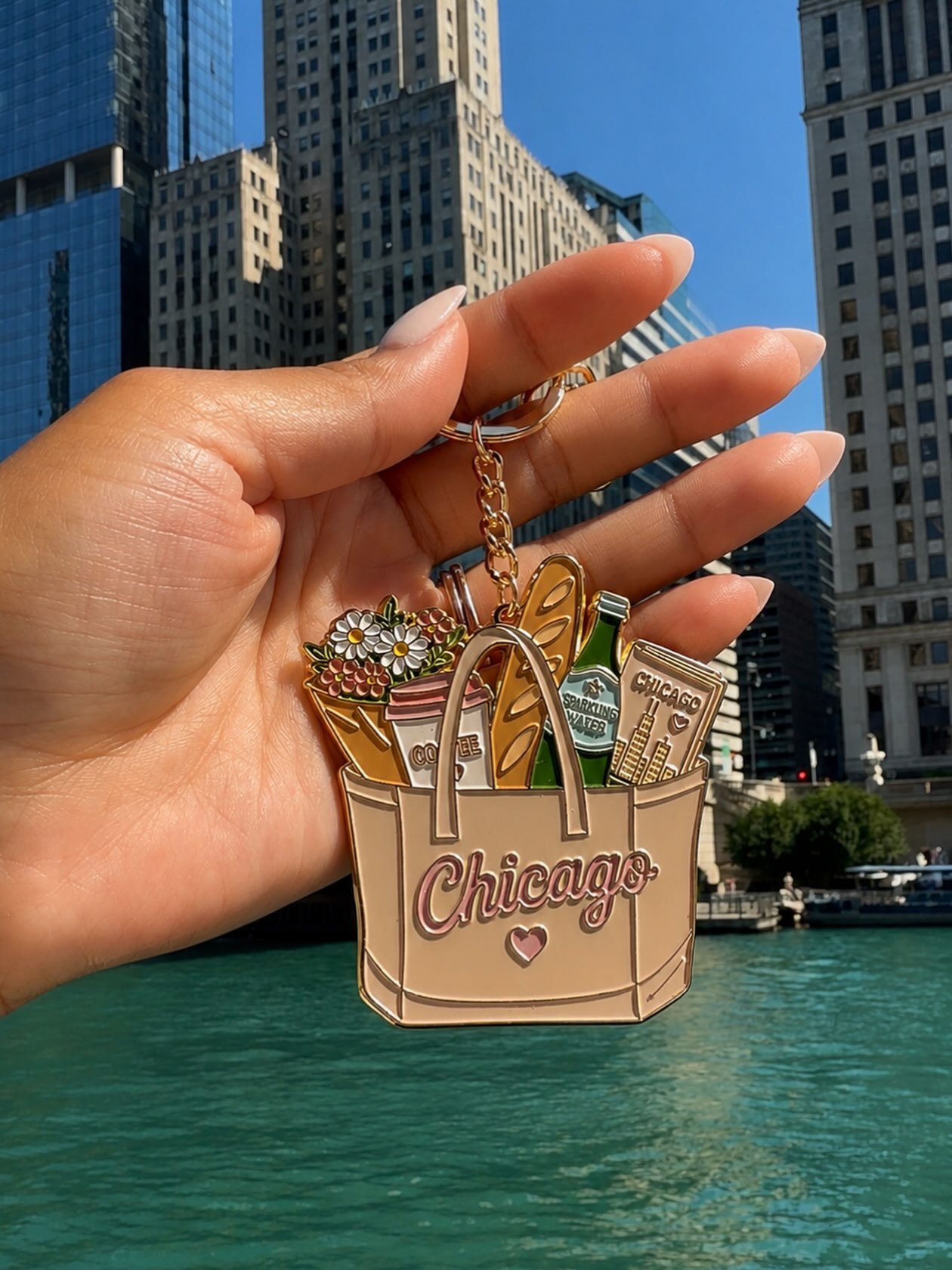 The bag charm that carries all the Chicago essentials. ☕🥖💐🌷 Another Lollapalooza exclusive 🫶🏼 #lollapalooza #chicago #bagcharm