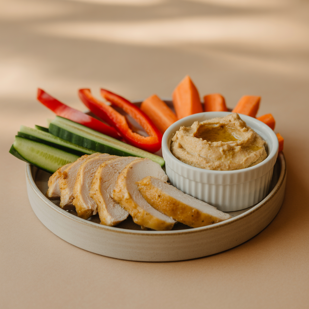 Leftover chicken, crudités on a white plate