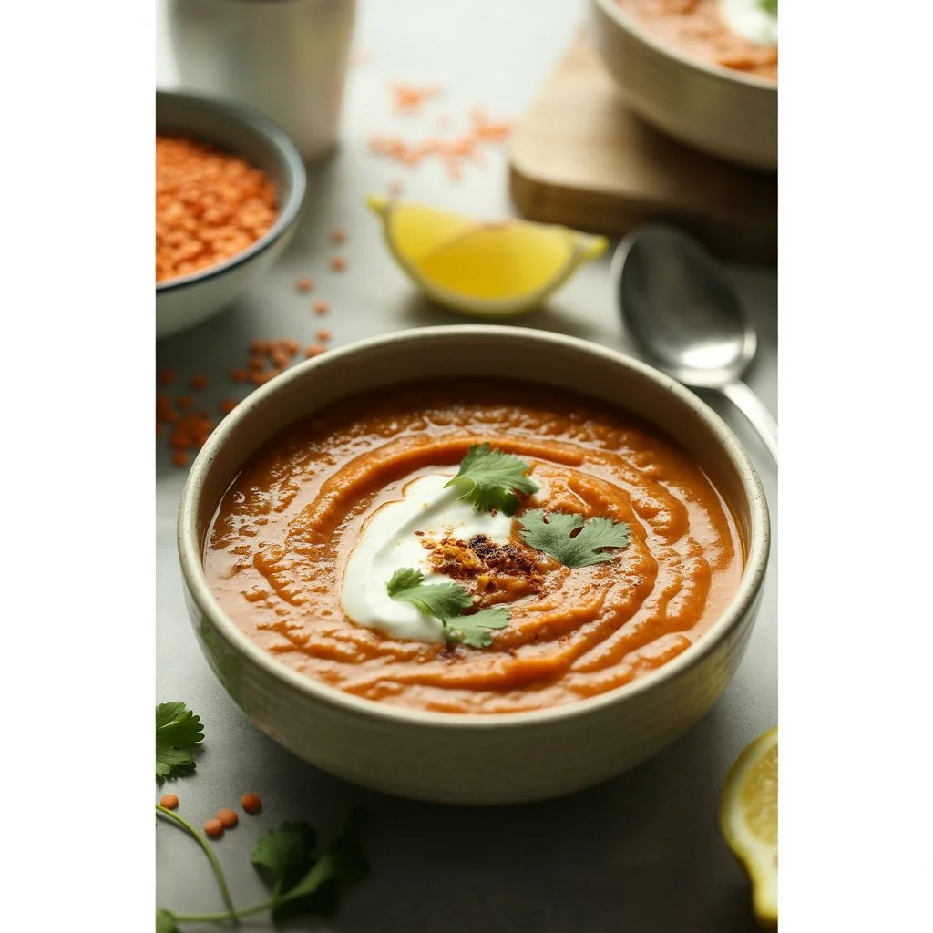 red lentil, ginger and tomato soup in a rustic bowl with a bowl of red lentils in the backdrop