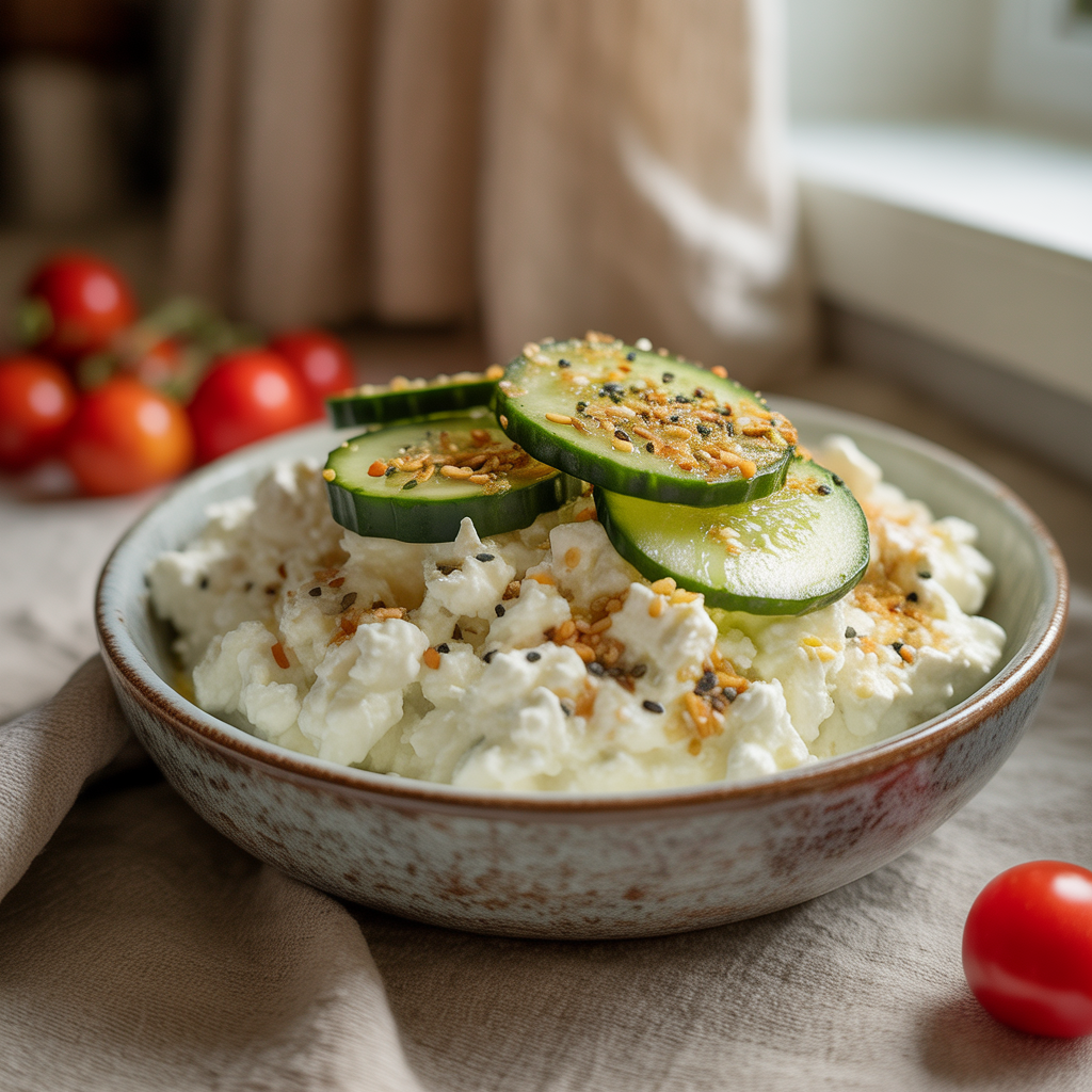 rustic bowl with cottage cheese topped with cucumber slices and seasoning
