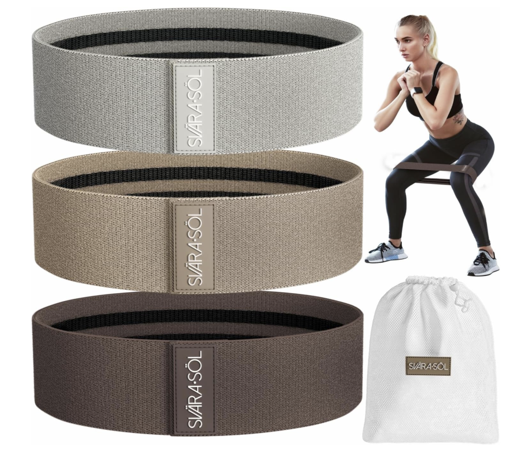 resistance bands in grey, beige and brown.