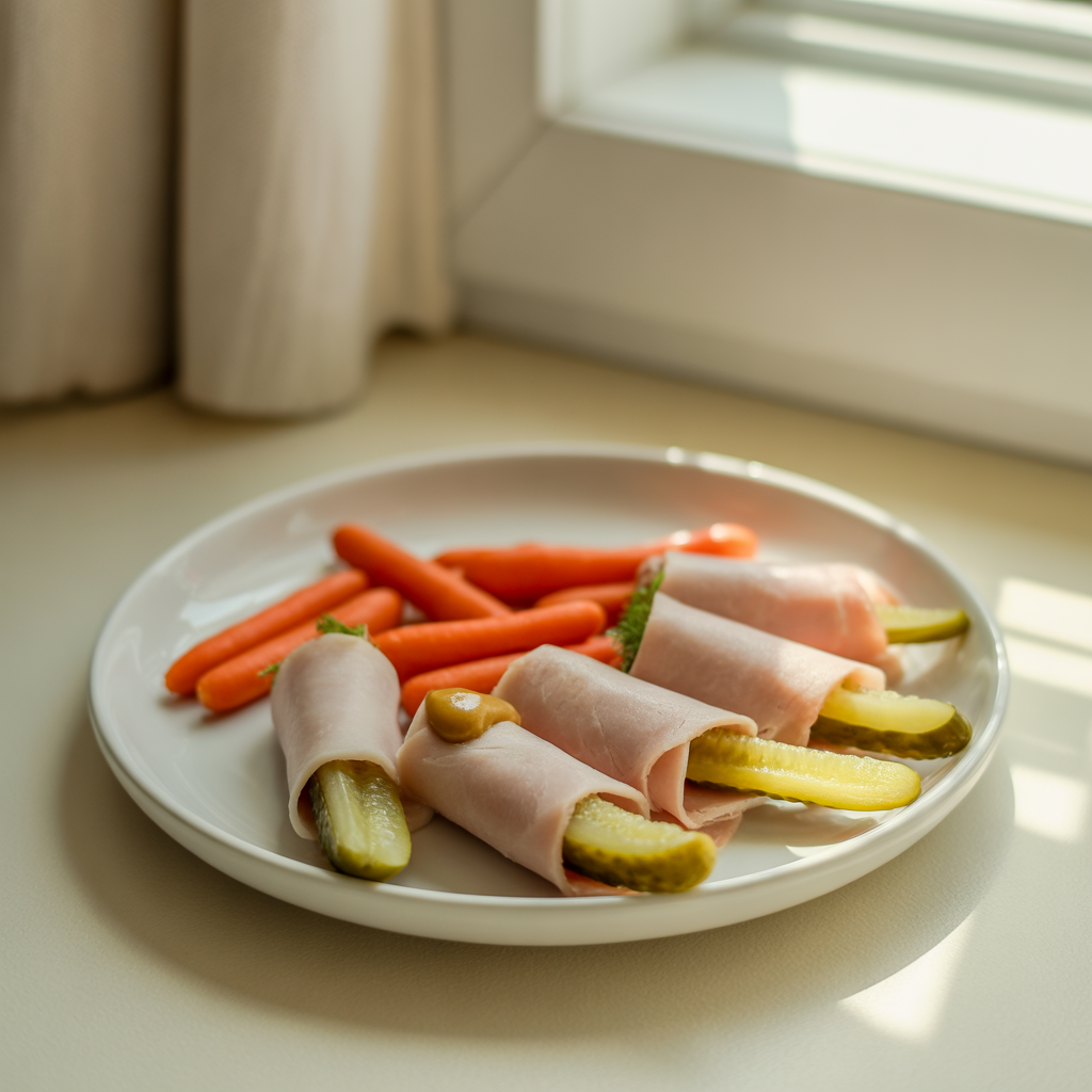 a plate with turkey slices wrapped around pickles and a handful of baby carrots