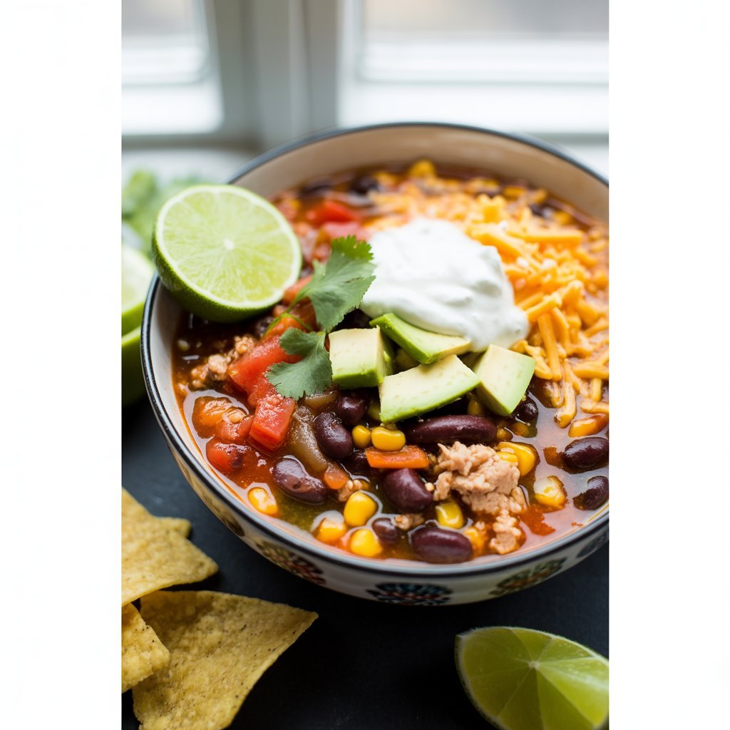 Turkey taco soup next to a window with cheese, avocado, beans and a lime for garnish