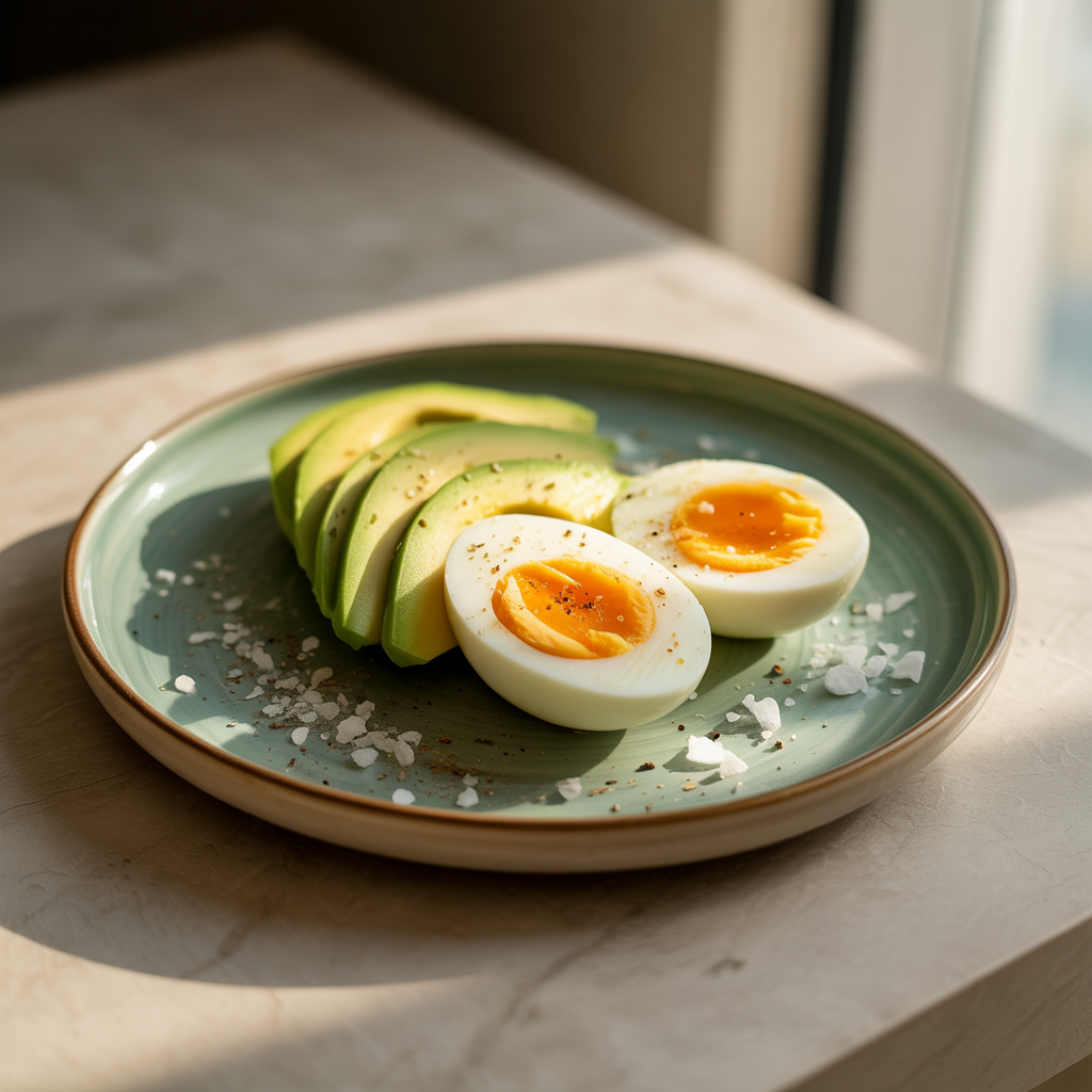 hard boiled egg, avocado slices on a light blue/green plate by a window