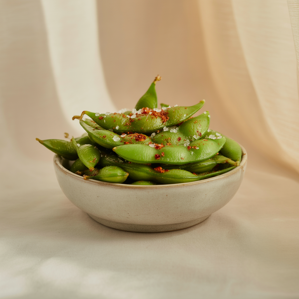 high protein high fiber edamame in a rustic bowl.