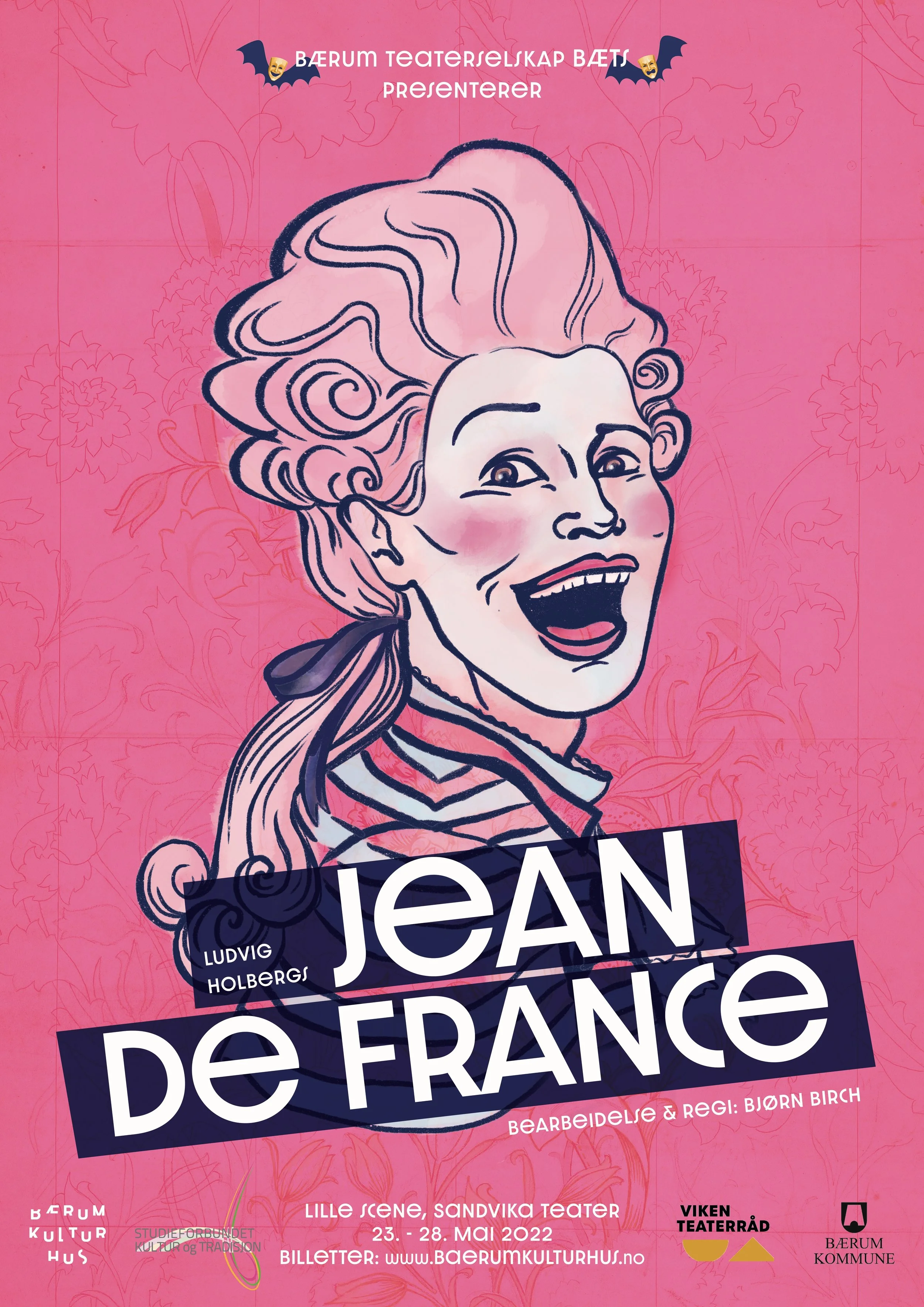 En plakate med en tegnet illustrasjon av en smilende kvinne med krøllete hår, mot en rosa bakgrunn med blomster og blader. Teksten på plakaten inkluderer 'Bærum teaterselskap BÆT', 'presenterer' og 'Jean Échange de France'.
