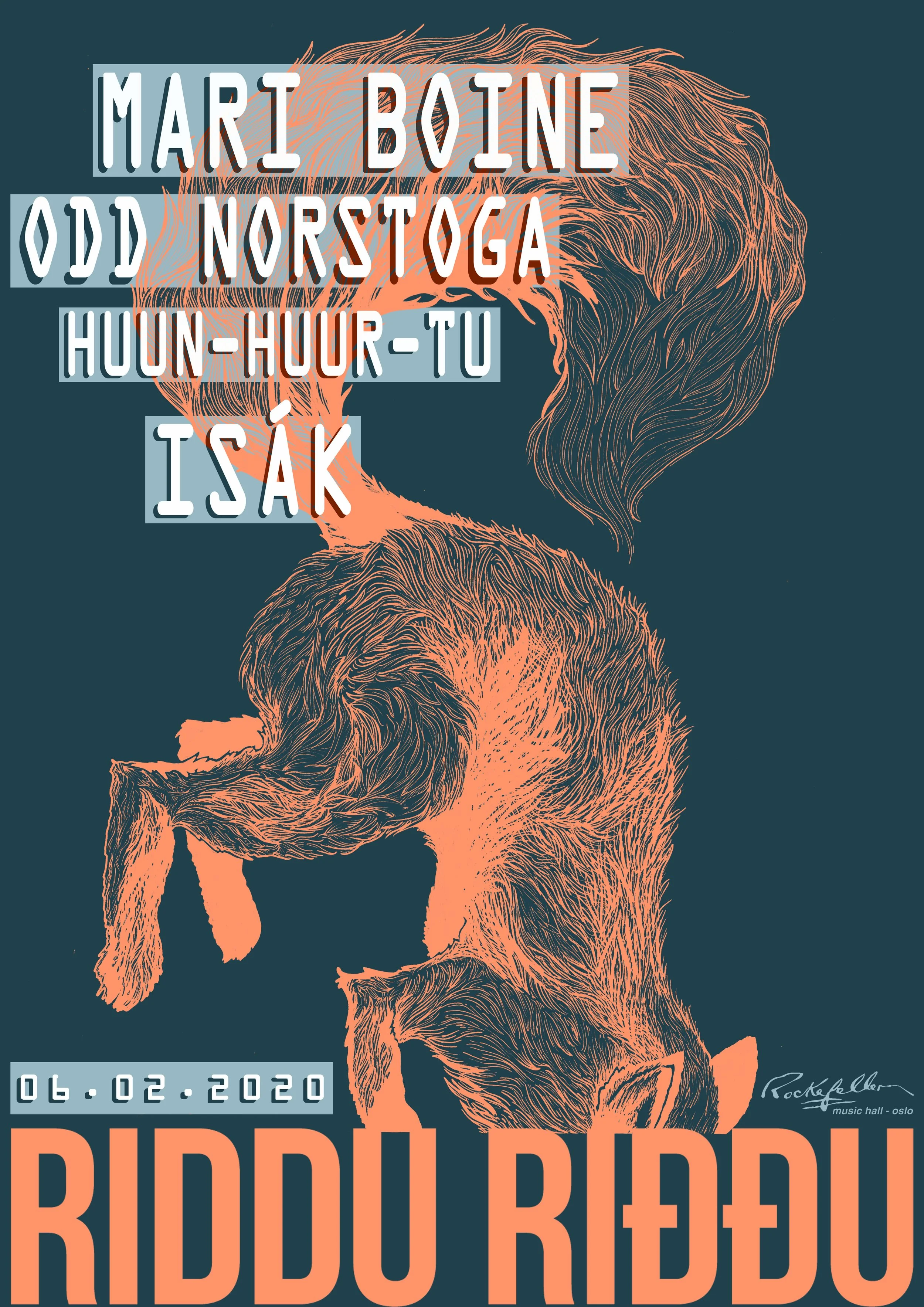 En illustrasjon av en stor hund som bader, med teksten: Mari Boin, Odd Norsøga, Houn-Hour tu, Isak, 06.02.2020, Riddarhuset, musikkhall, Oslo.