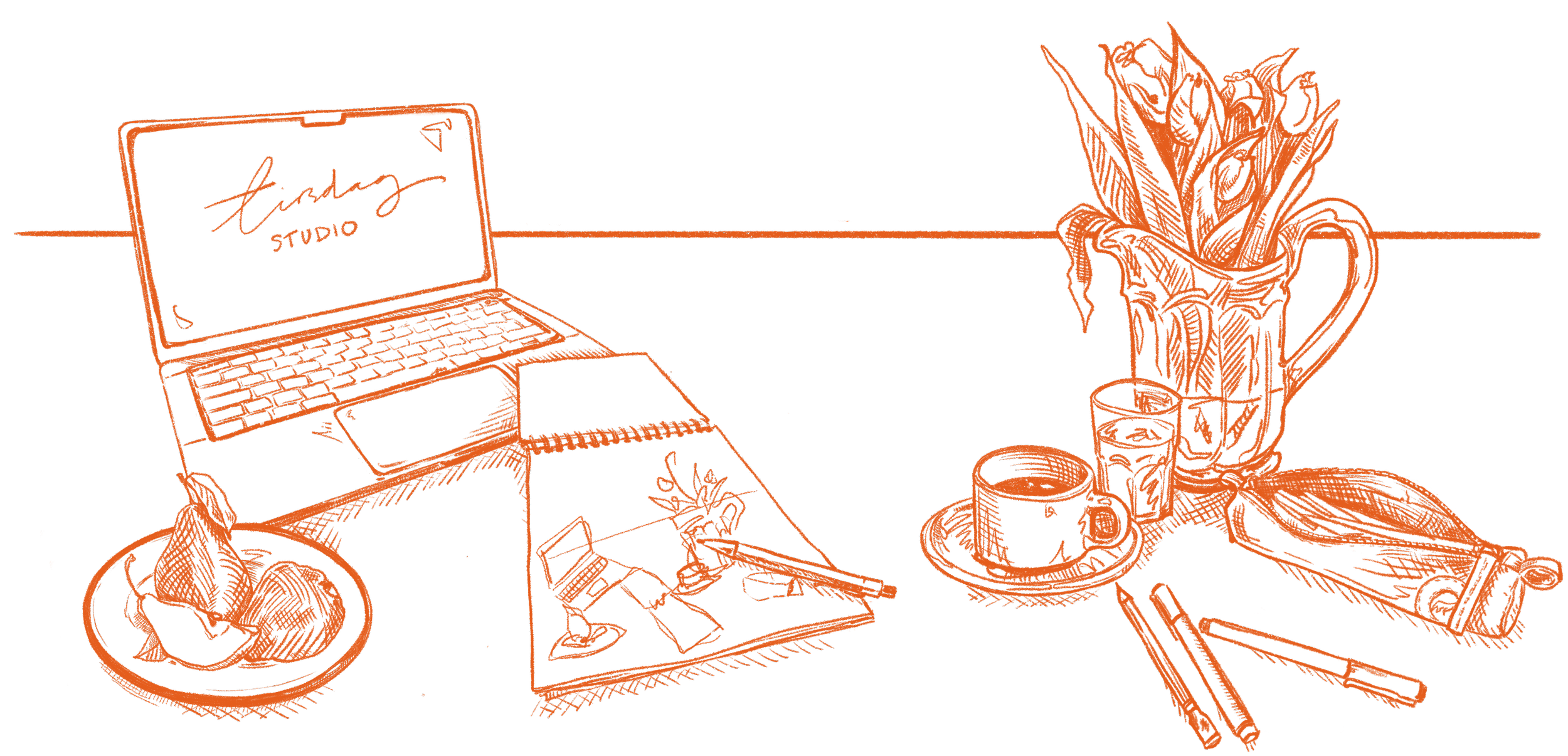 Tirsdag Studio strektegning i rødt. Et stillben av et bord med en laptop, tegneblokk, mat, drikke, penal med tegnesaker og en vase med tulipaner. Det er en tallerken med pærer på, kaffekopp og vannglass. Tegneblokka er åpen og viser en skisse bildet
