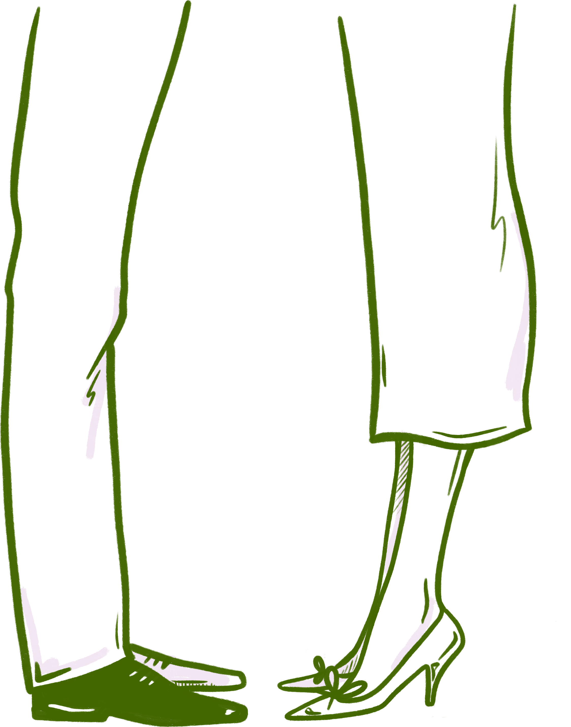 Illustrasjon av bena til en mann og en dame i penklær som står vendt mot hverandre. Romantisk