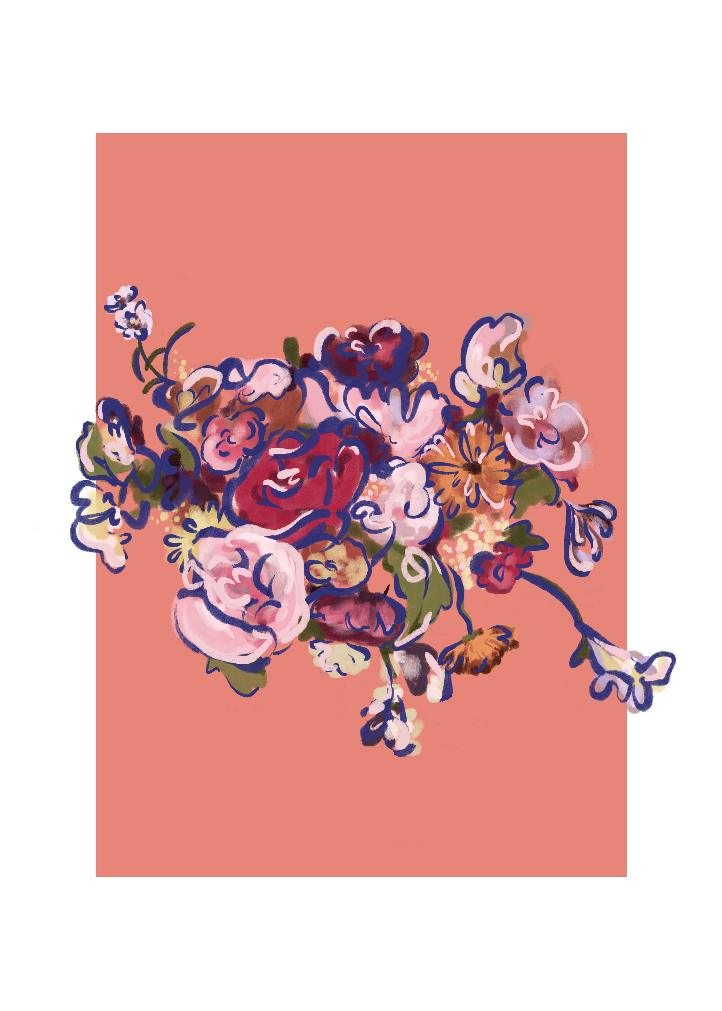 Et kunstverk som viser en blomsterbukett med ulike fargede blomster, satt mot en lakserosa bakgrunn.