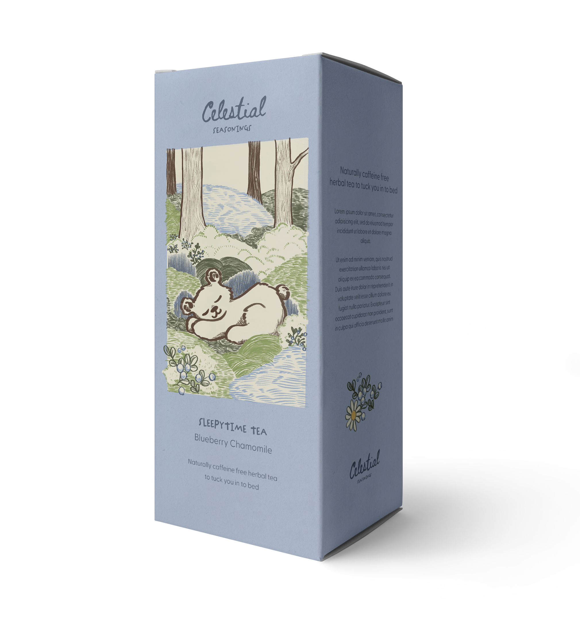 mockup design av emballasje for te med en sovende bjørn på for smaken blueberry chamomile