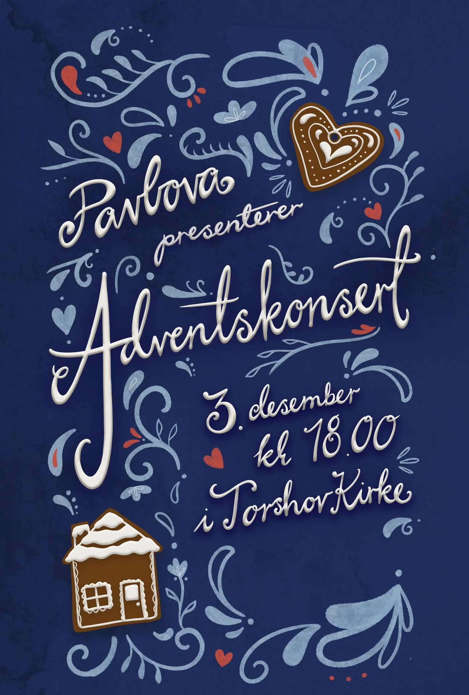 Annonse for et adventskonsert med koret Pavlova, julestemning og pepperkaker med glasur