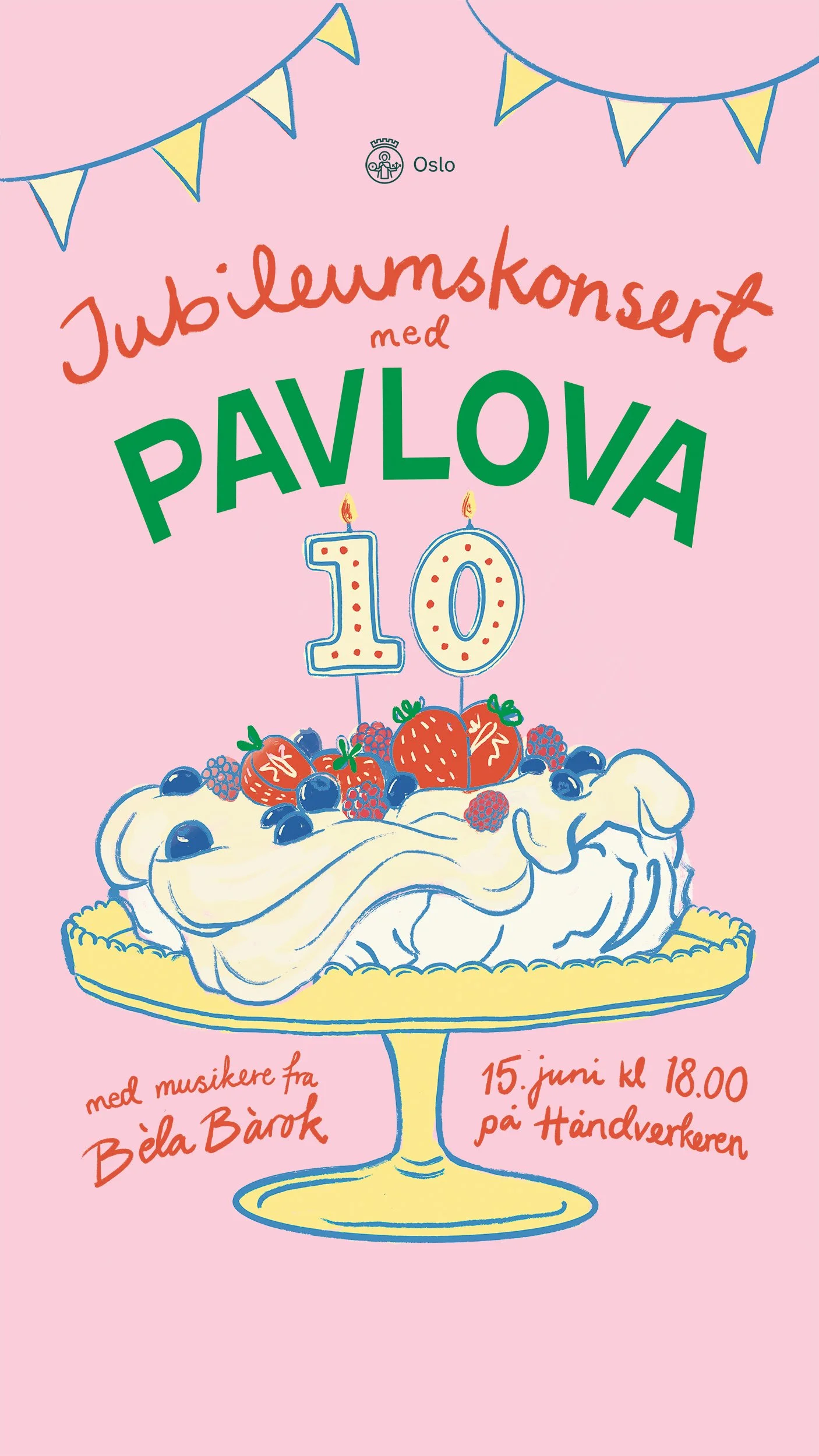 Et bilde av en festplakat med rosa bakgrunn som annonserer konsert med koret Pavlova. Kake dekorert med bær og bursdagslys som viser tallet 10
