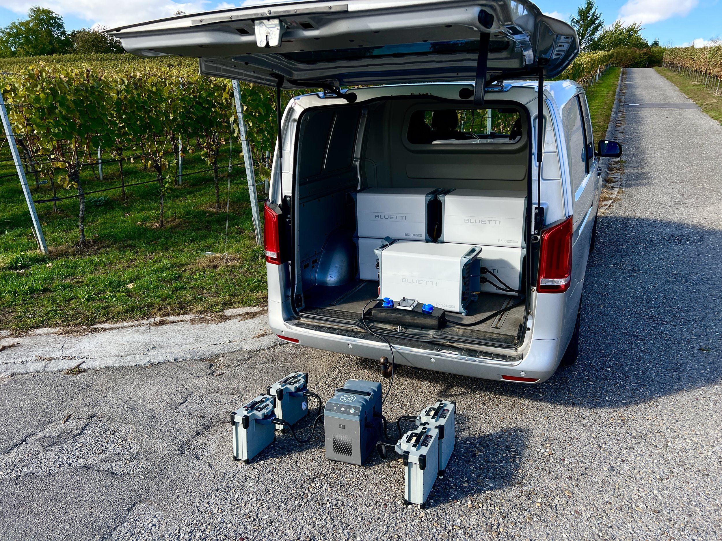 Ein silberner Van mit offenem Kofferraum, darin mehrere weiße Batterien der Marke Bluetti, sowie externe Batteriepacks und ein Ladegerät vor dem Fahrzeug auf der Straße. Im Hintergrund sind Weinreben entlang einer Weinstraße sichtbar.