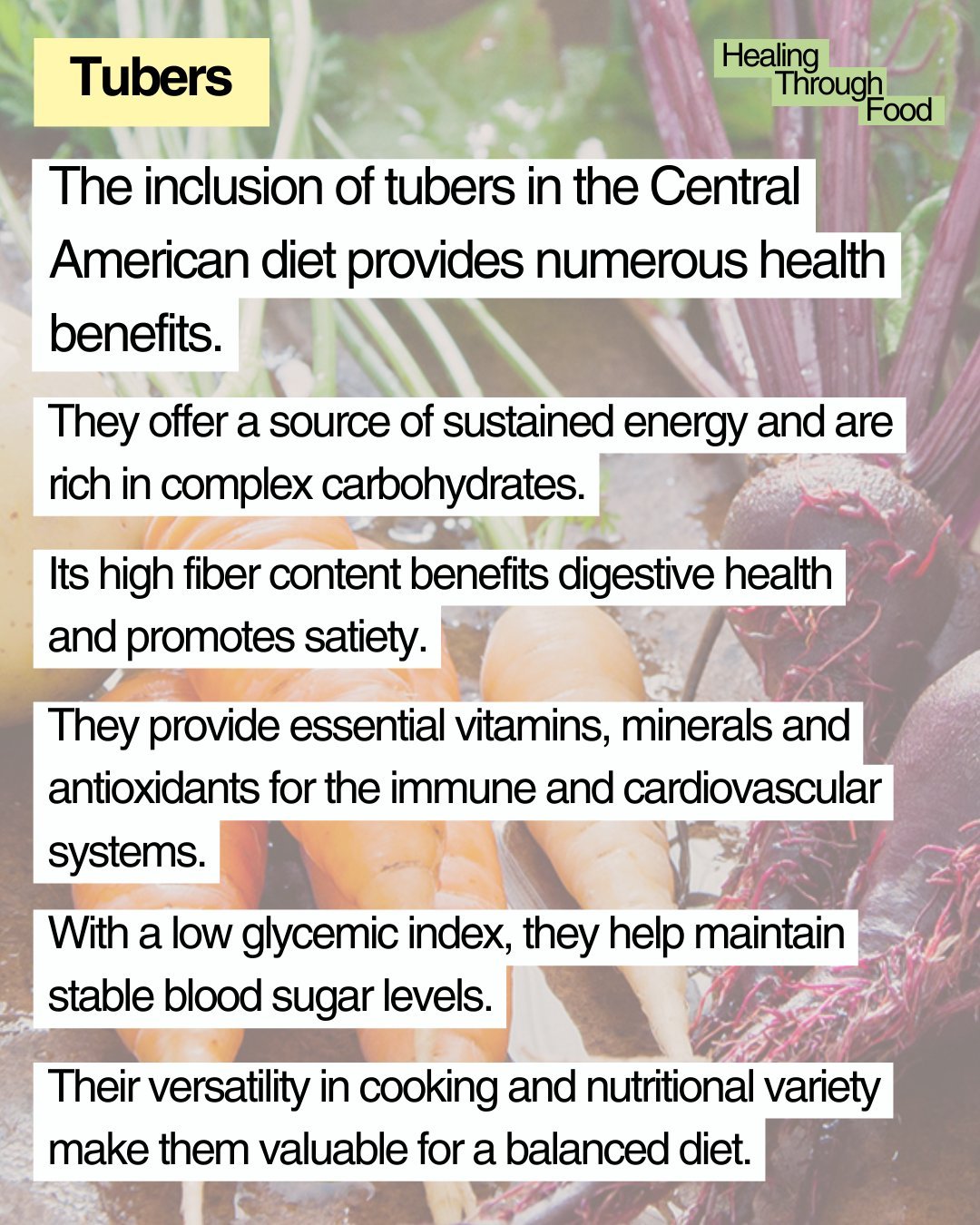 Today from Healing Through Food, we take a deep dive into tubers! The inclusion of tubers in the Central American diet provides numerous health benefits - swipe to learn more, and stay tuned for our mashed yuca recipe!