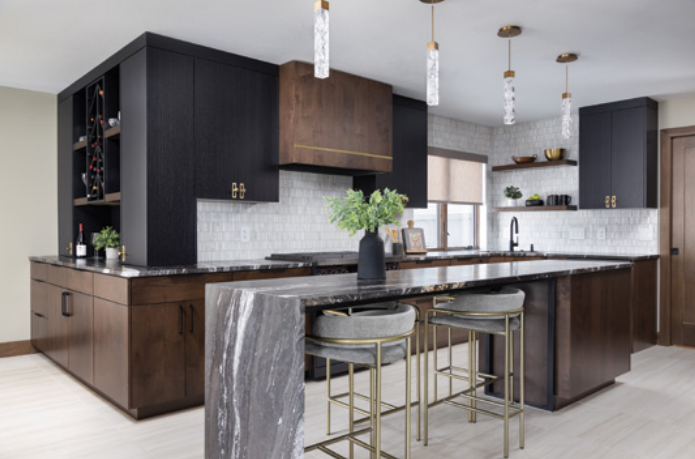Natural stone countertops with custom wood cabinetry in modern kitchen