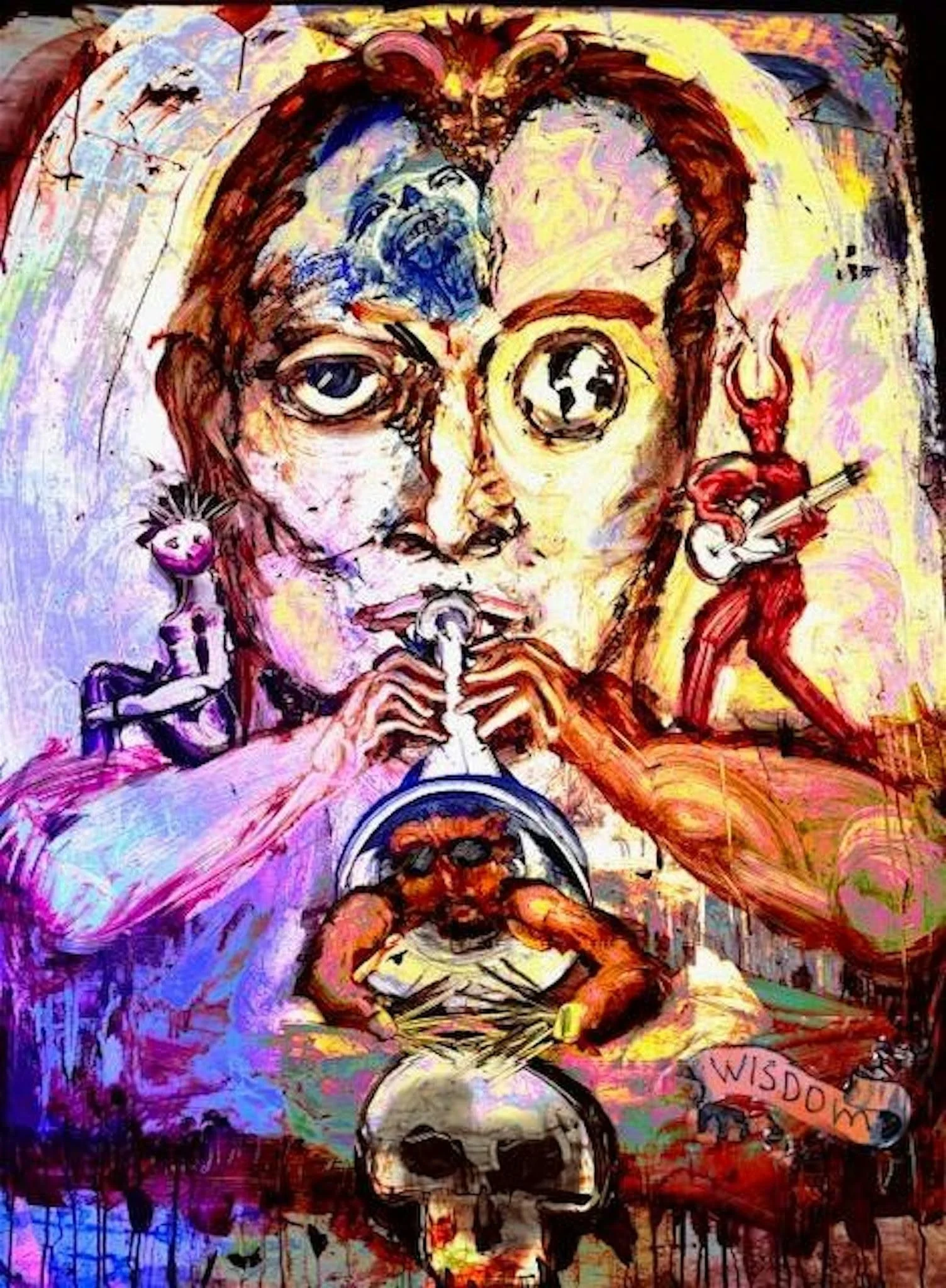 a show poster for Lost on Main chico, the best place in Chioc, CA for live music and drinks surrealist image of a man playing saxophone with a devil and angel on his shoulders