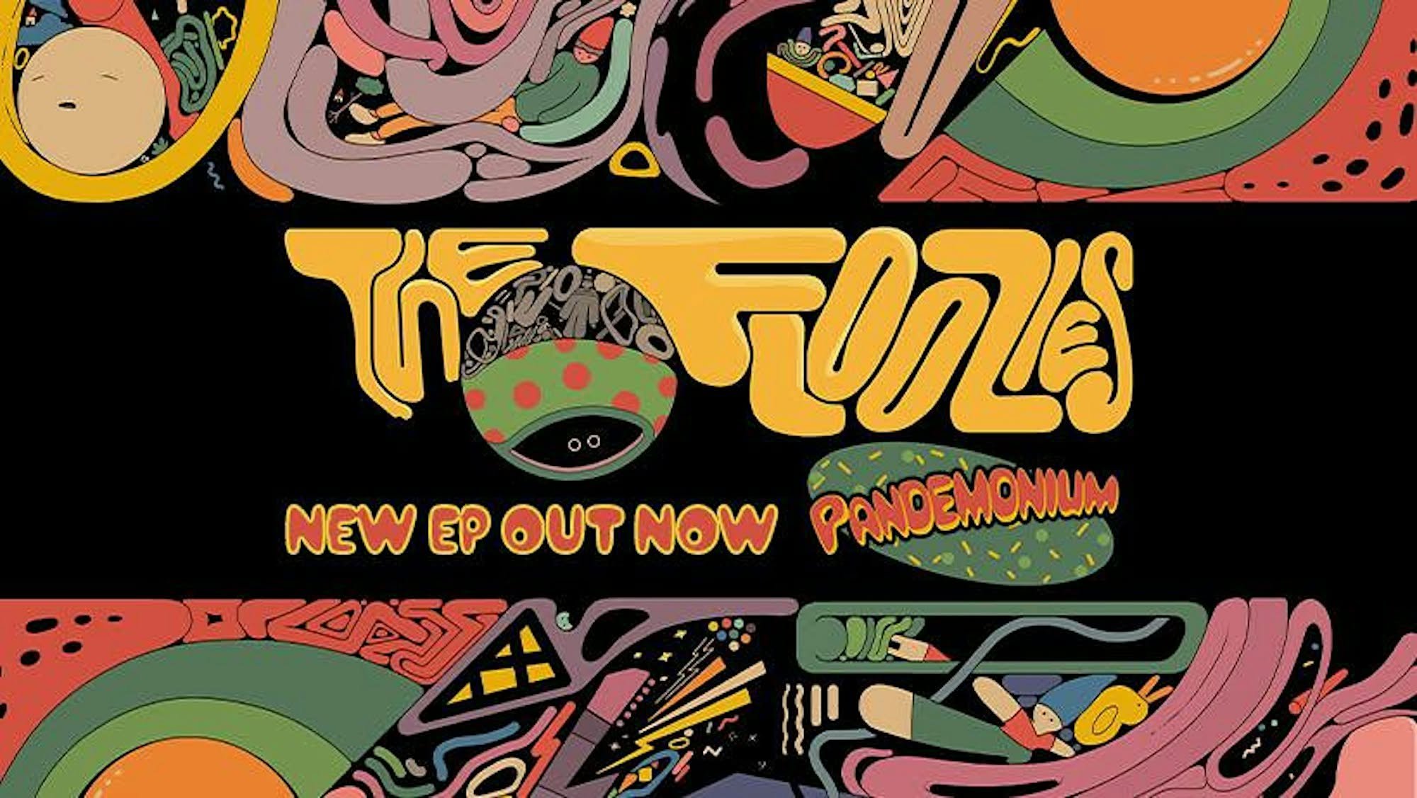 floozies and modern methods show poster for lost on main in hcico CA—it's a Psychedelic poster for The Floozies’ new EP Pandemonium, with vibrant abstract shapes and retro lettering