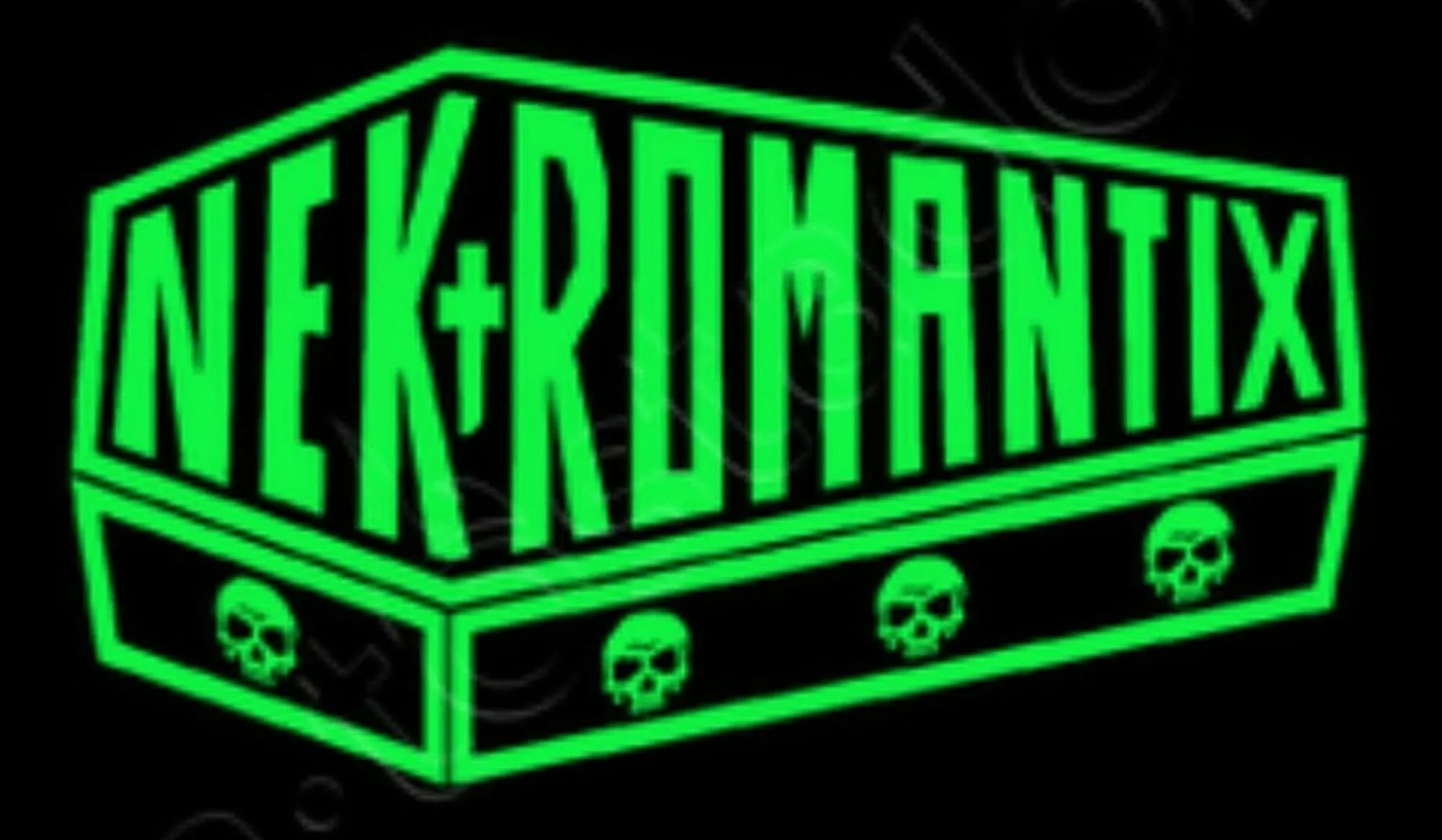 black background, green coffin with "NEKROMANTIX" written on it and four skulls on the side wall for the nekromantix show at lost on main chico's best place for live music and drinks