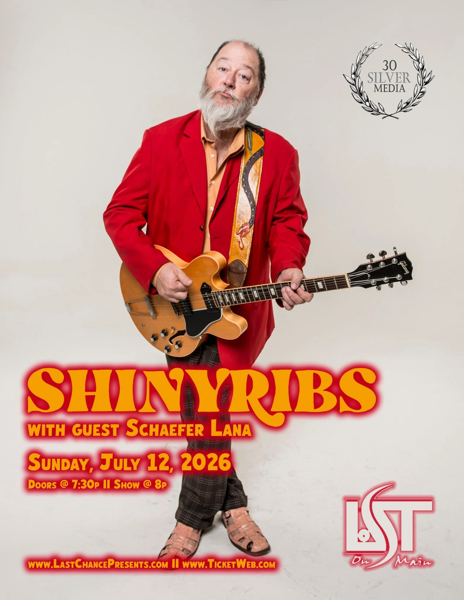 shinyribs show poster for lost on main chico california's best live music venue featuring shinyribs frontman Kevin Russell in a red coat playing guitar