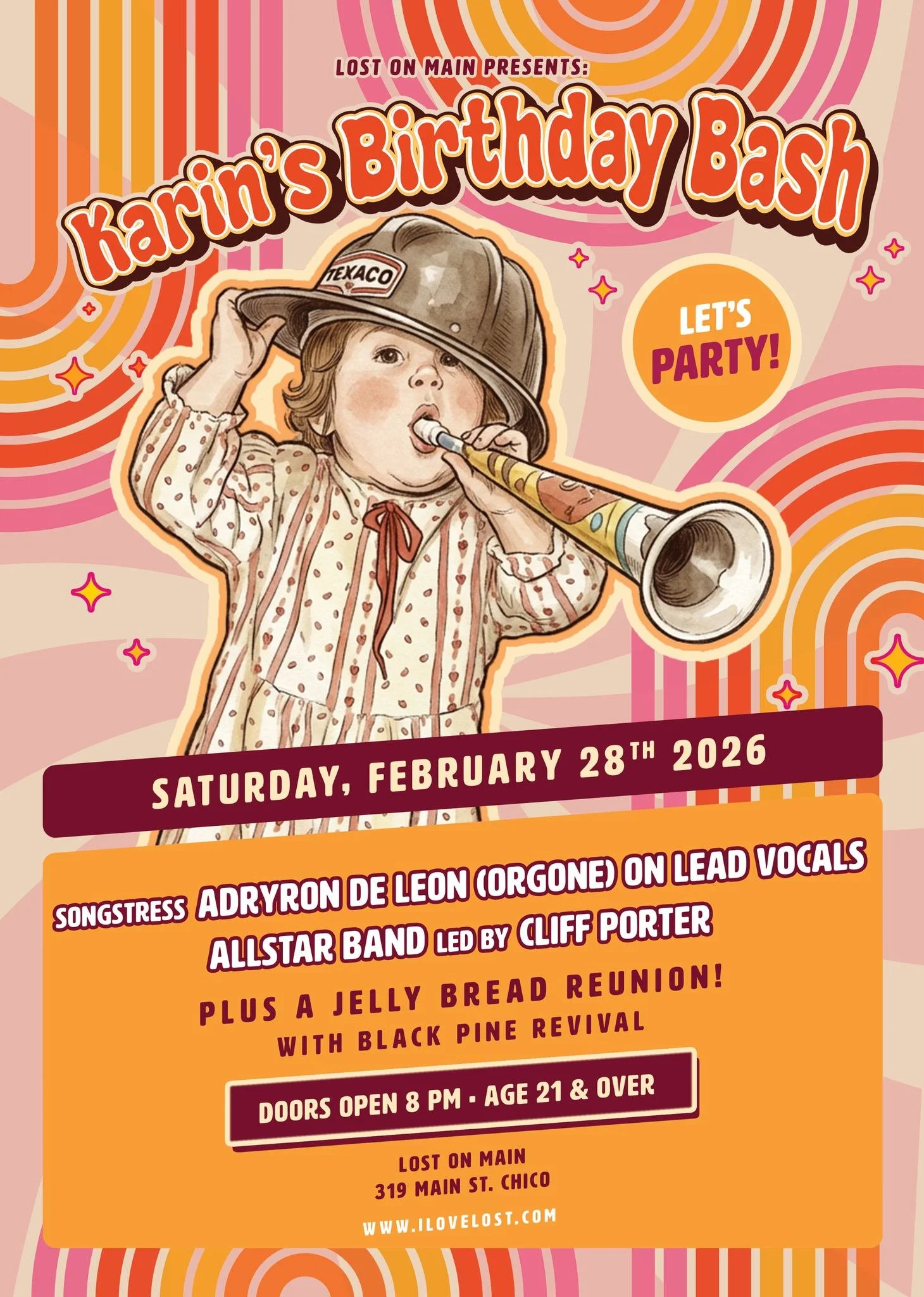 Colorful retro-style poster for "Karin's Birthday Bash" at Lost on Main, featuring swirling orange and pink patterns, a child in a Texaco helmet blowing a party horn, and musical acts including Adryon De Leon, Cliff Porter’s Allstar Band, Jelly Bread