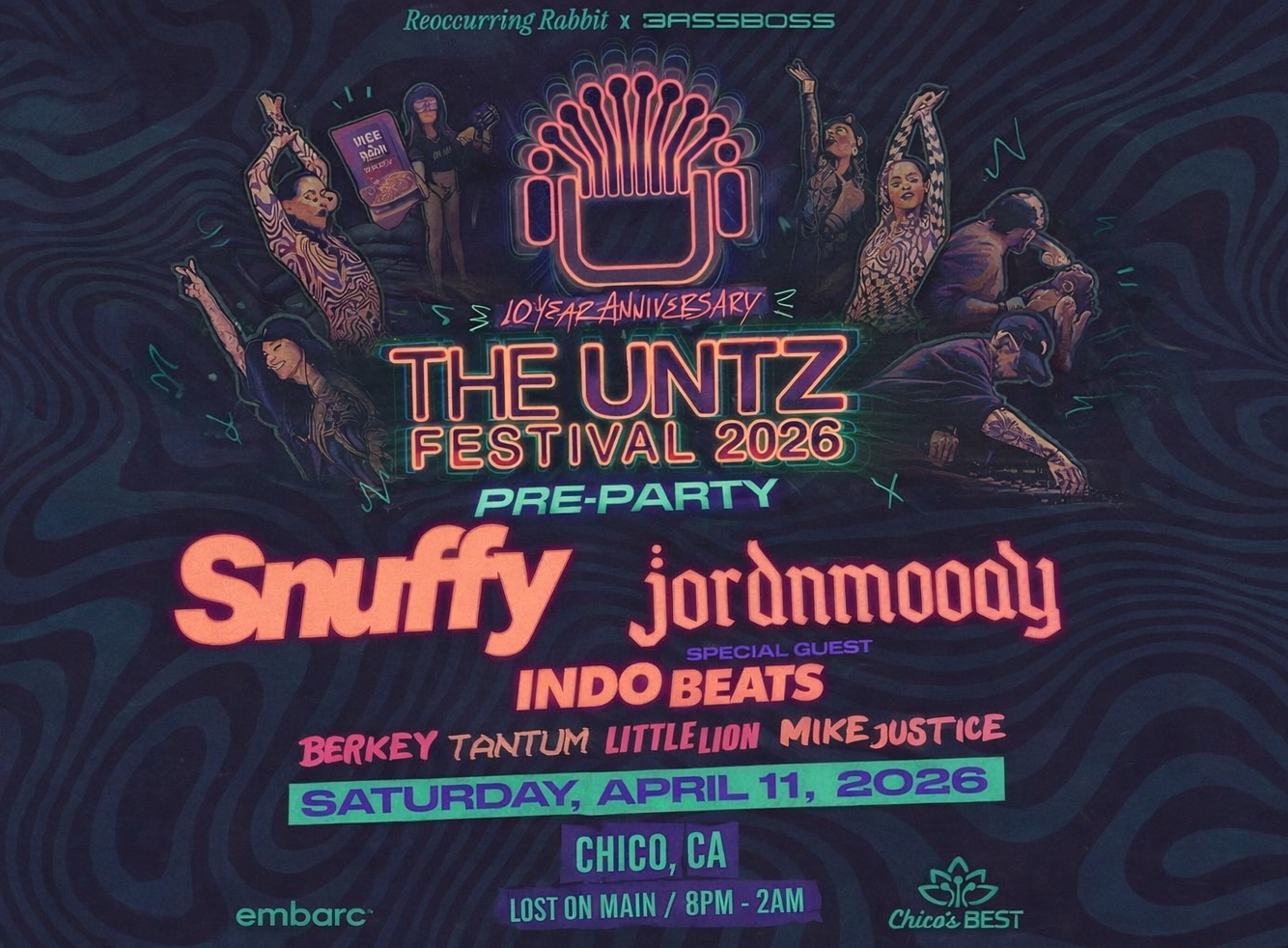 the untz festival pre-party #2 at lost on main in downtown chico, ca concert poster for a night of heavy bass and killer djs