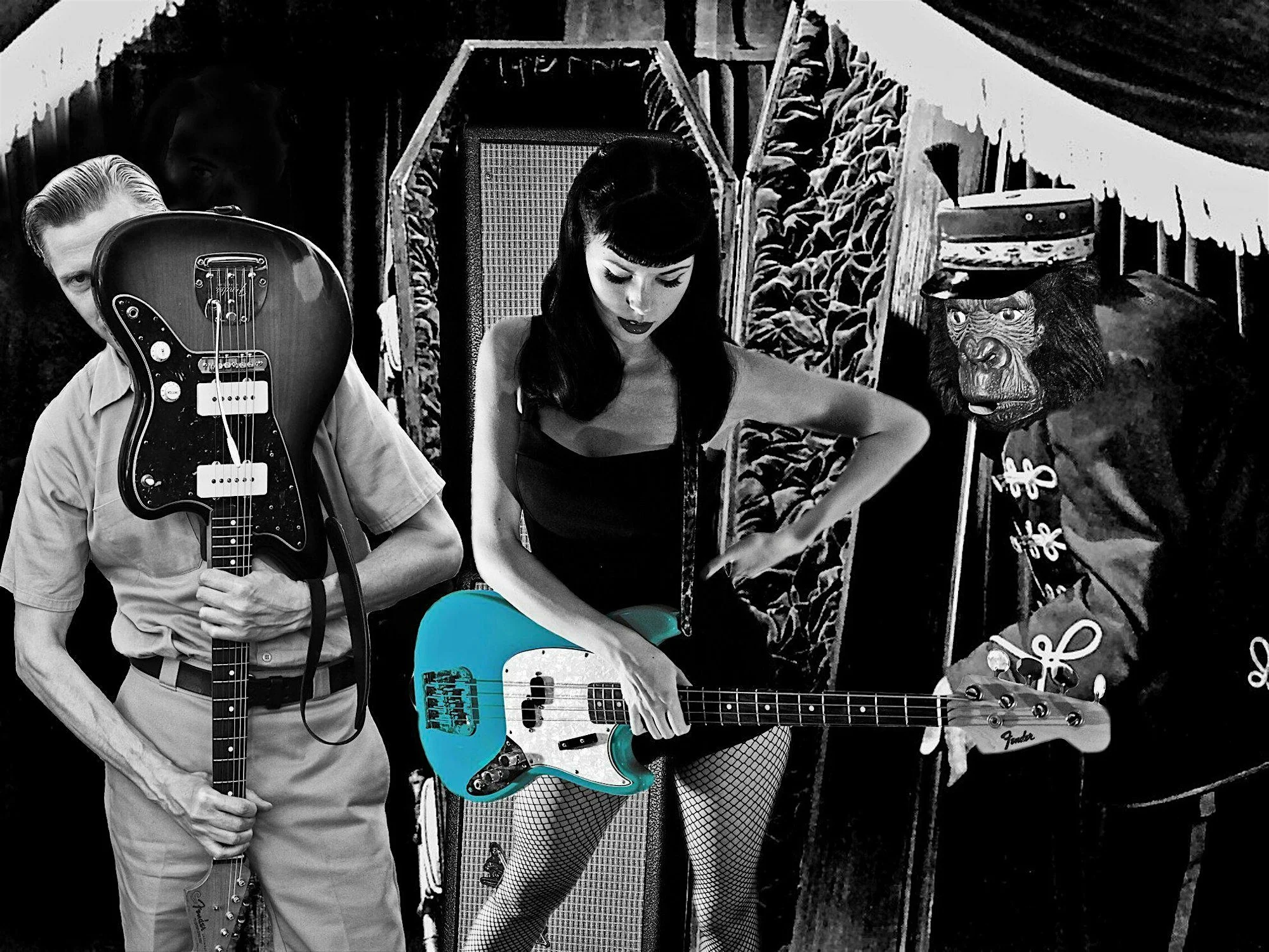 messer shups band holding guitars in a black and white photo with bright blue guitar