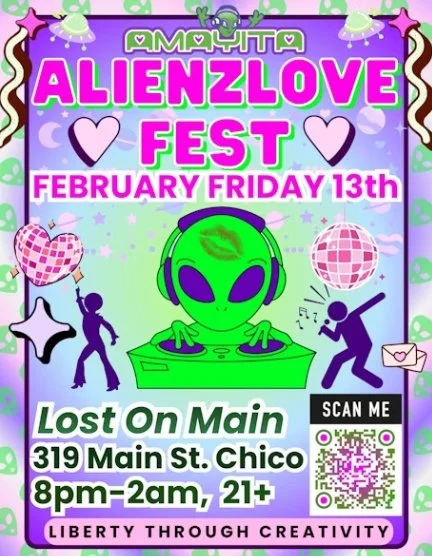 Colorful event flyer for “Alienz Love Fest,” featuring a green alien DJ wearing headphones surrounded by dancing silhouettes, disco balls, hearts, and sparkles. Text includes: Amorita, Alienz Love Fest, February Friday 13th, Lost on Main, 319 Main St