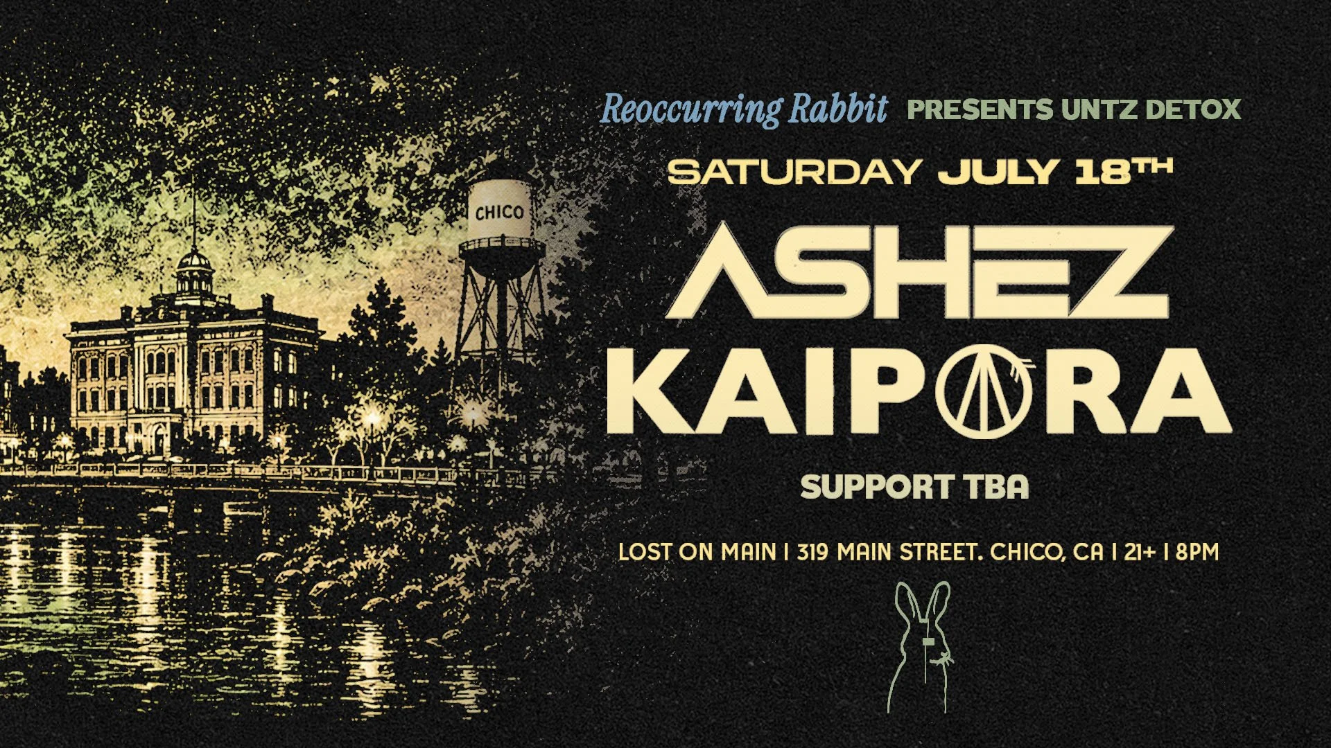 untz bass festival detox party 2026 in chico poster with bass dj names of performers ASHEZ and DAIPORA