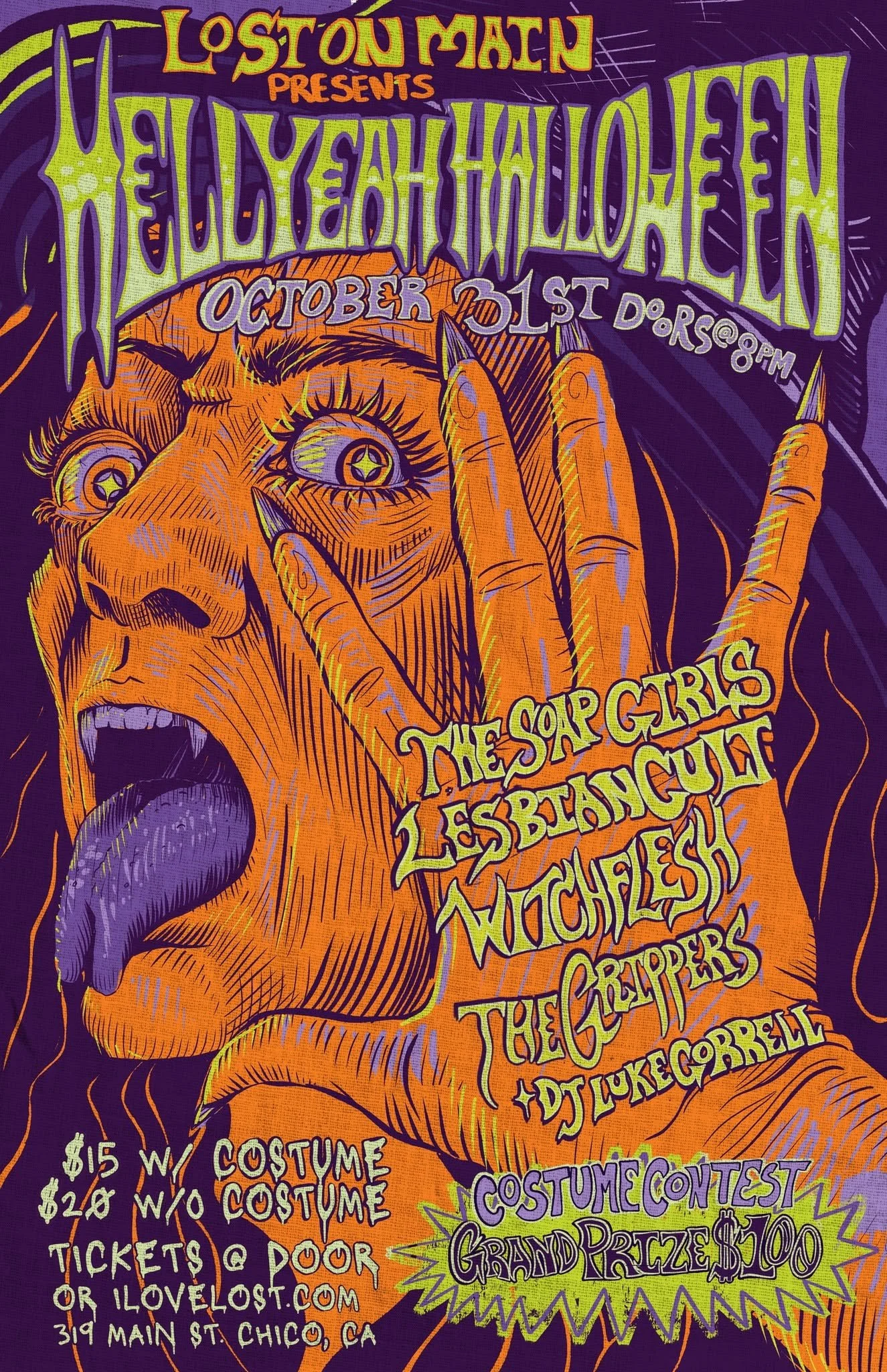 A vivid, psychedelic Halloween event poster for Lost on Main in Chico, California. It features an orange‑skinned face with wide eyes, a long purple tongue, and a hand reaching upward, surrounded by swirling purple and yellow patterns. The text announ