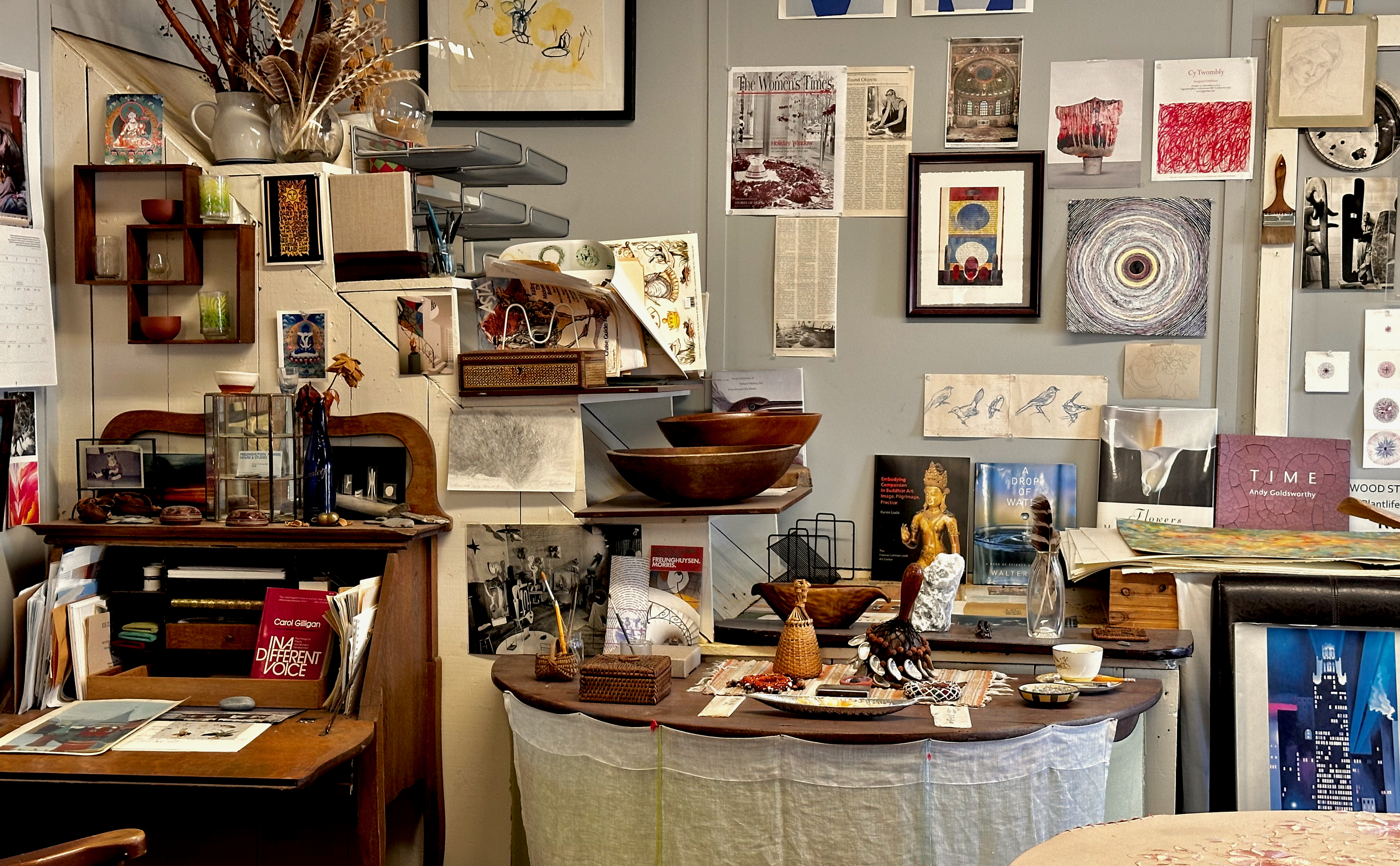 Detail of multi-media artist Karen Dolmansith's collectibles in her Whip Shop studio