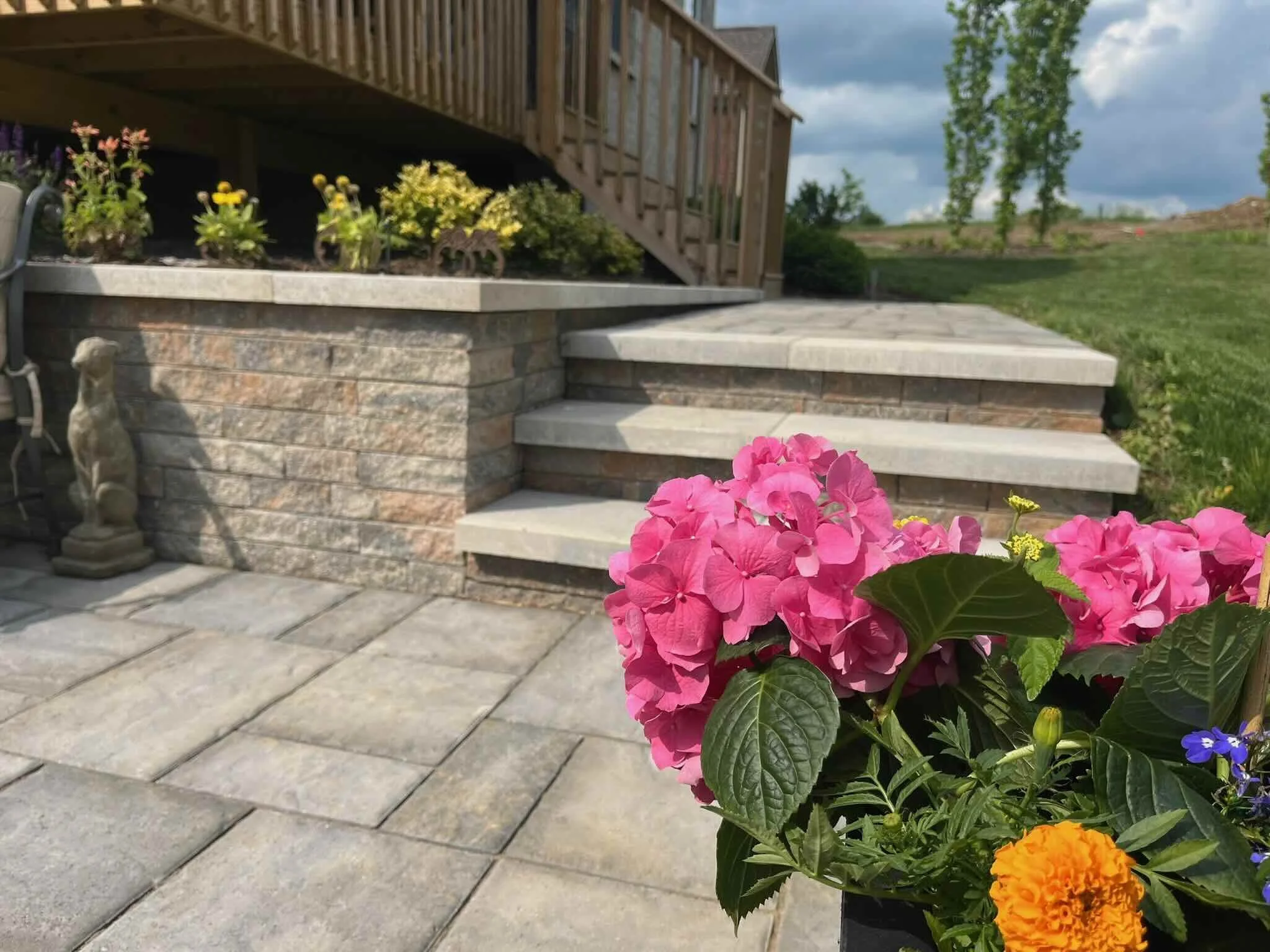 patio, steps, retaining wall, periennials, landscaping