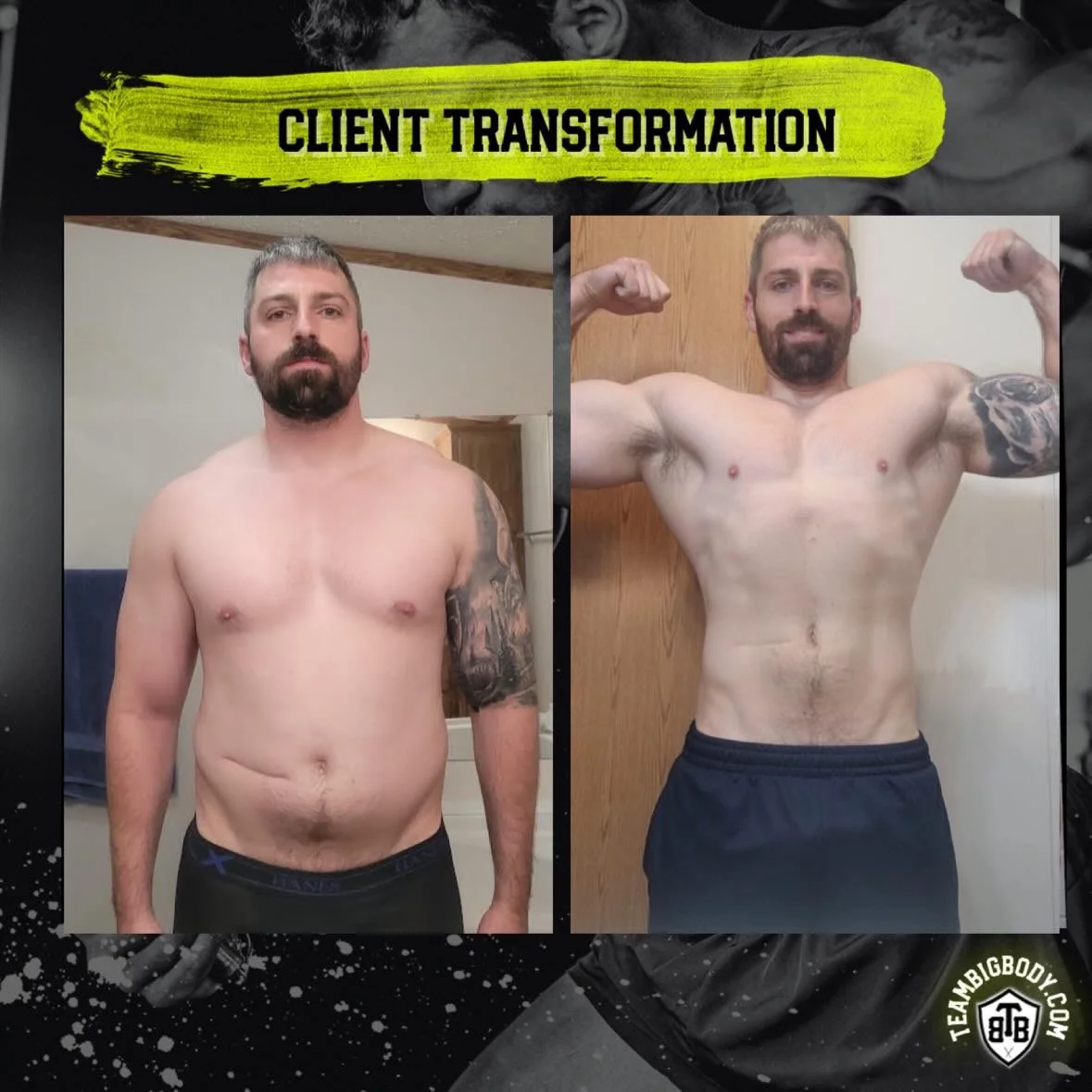 Before and after photos of a shirtless man showing physique transformation, with the words 'Client Transformation' at the top and a logo at the bottom right.