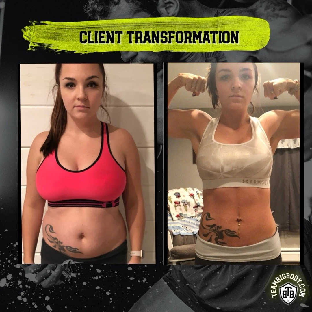Side-by-side comparison photo of a woman showing her fitness transformation, with 'Client Transformation' text at the top and the Teambigbody.com logo at the bottom right.