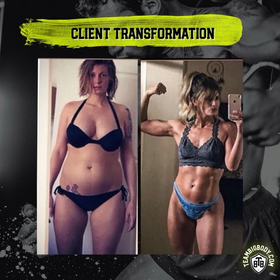 Before and after photos showing a woman’s physical transformation, with the words 'Client Transformation' at the top.